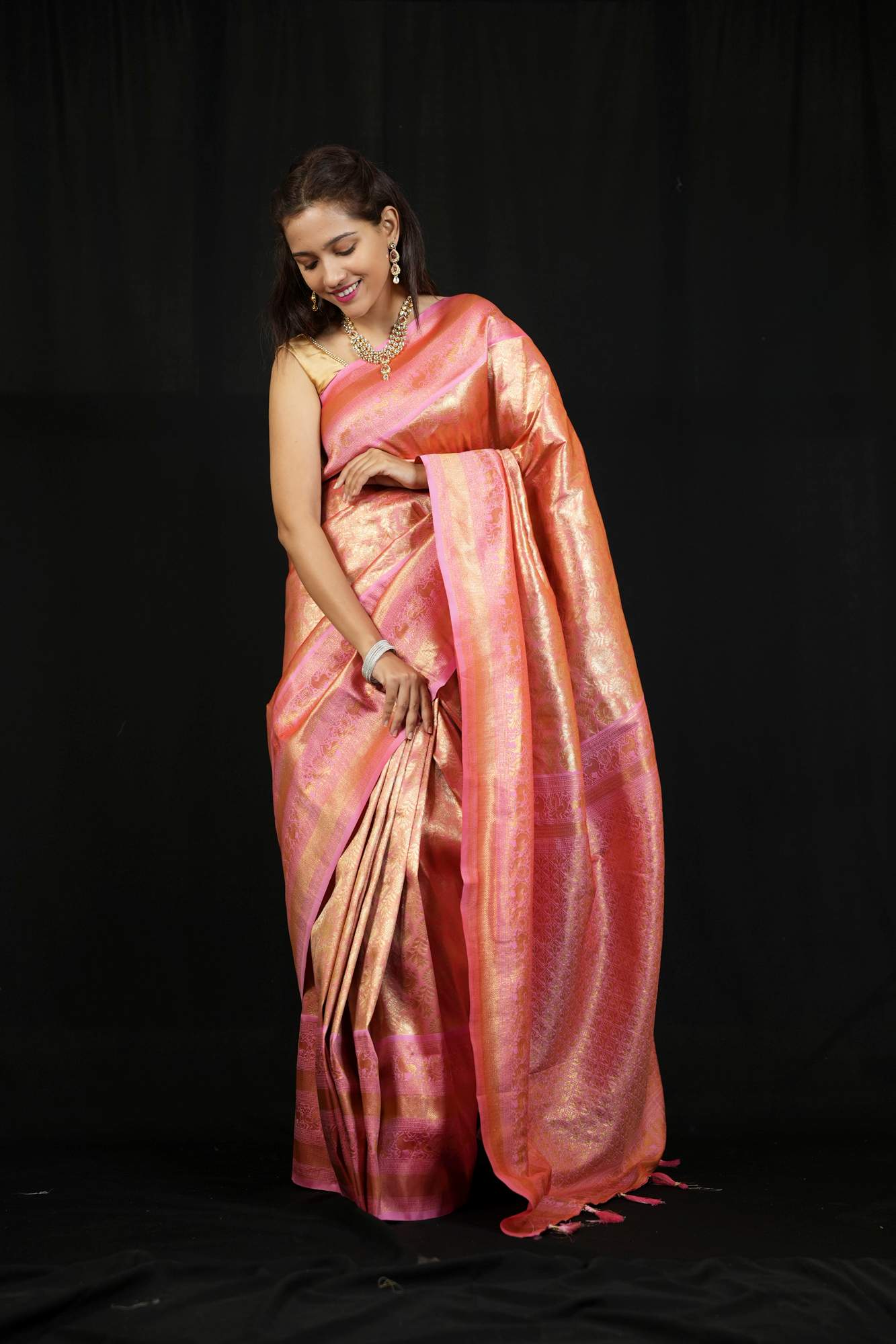 Kanjivaram prestitched saree