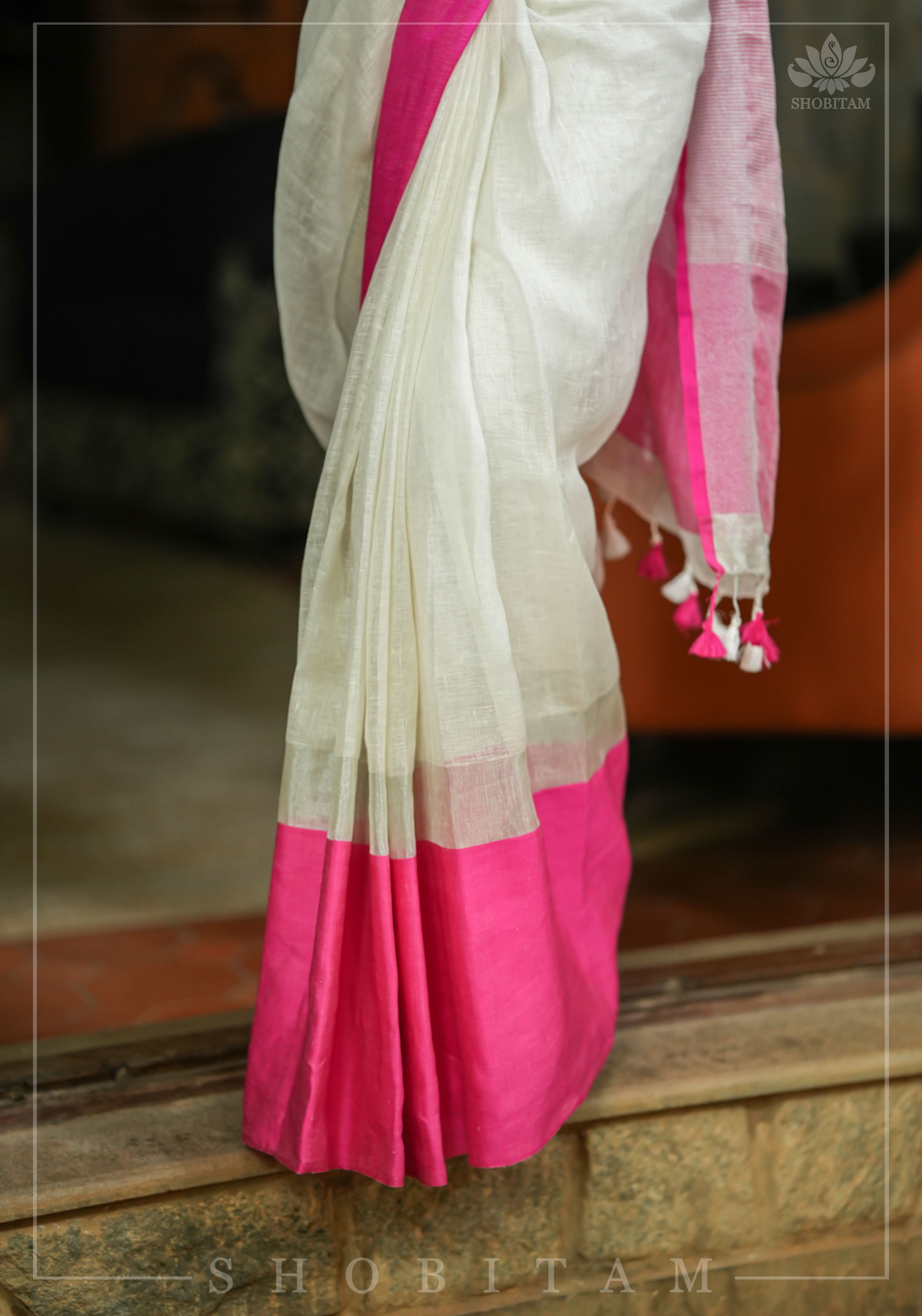 Charming White, Pink and Silver Wide Border Pure Linen by Linen Saree | Shobitam