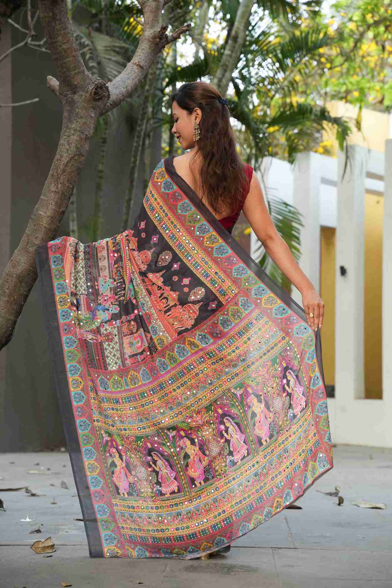 Traditional Heritage and Elephant Print masakali georgette all over mirror work Ready to Wear Saree