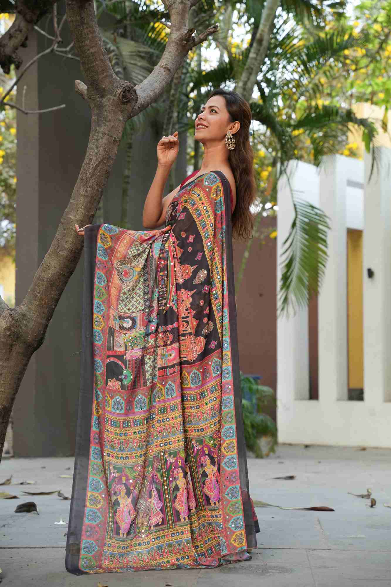 Traditional Heritage and Elephant Print masakali georgette all over mirror work Ready to Wear Saree