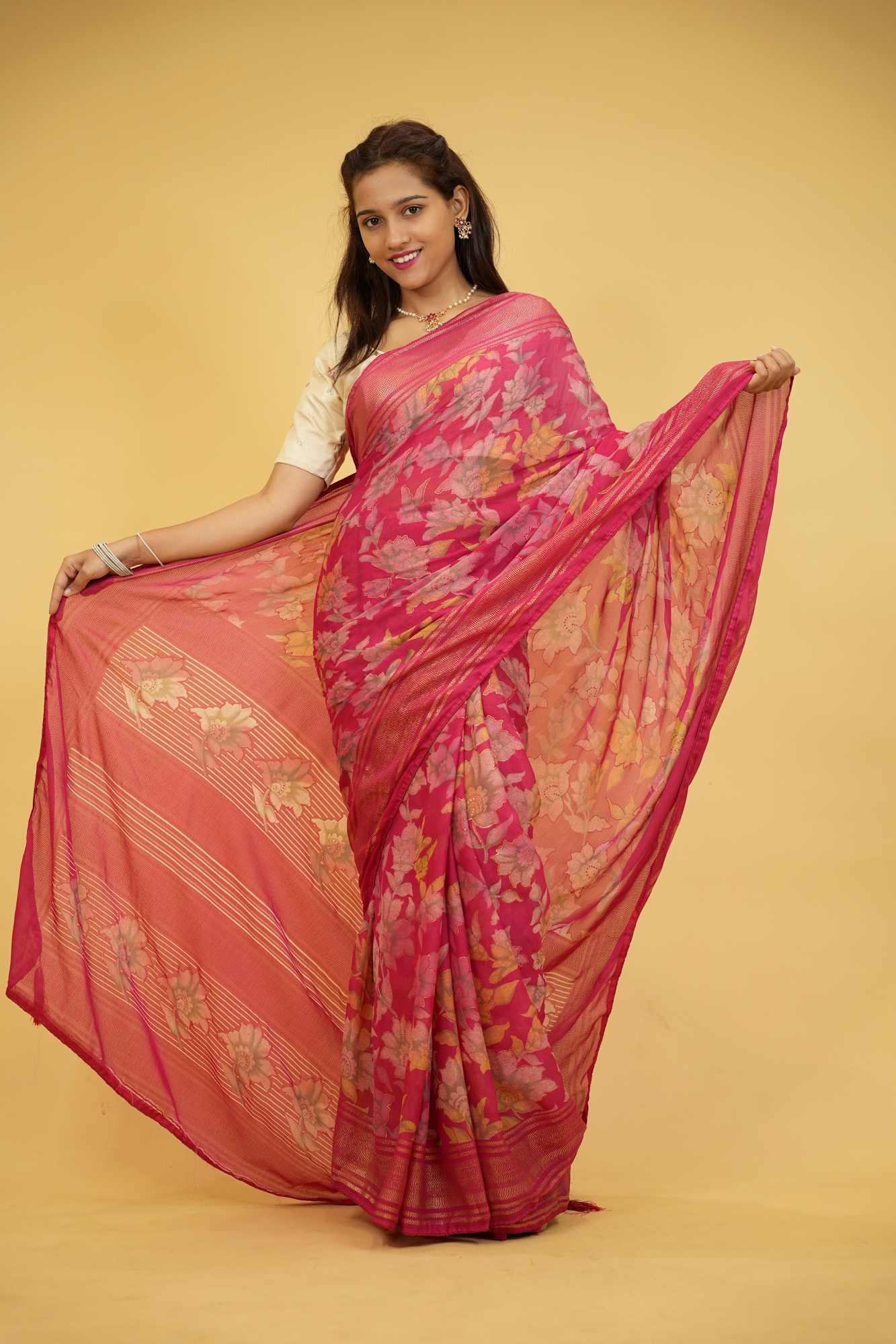 Pink Floral Print in Viscose Georgette Ready To Wear Saree