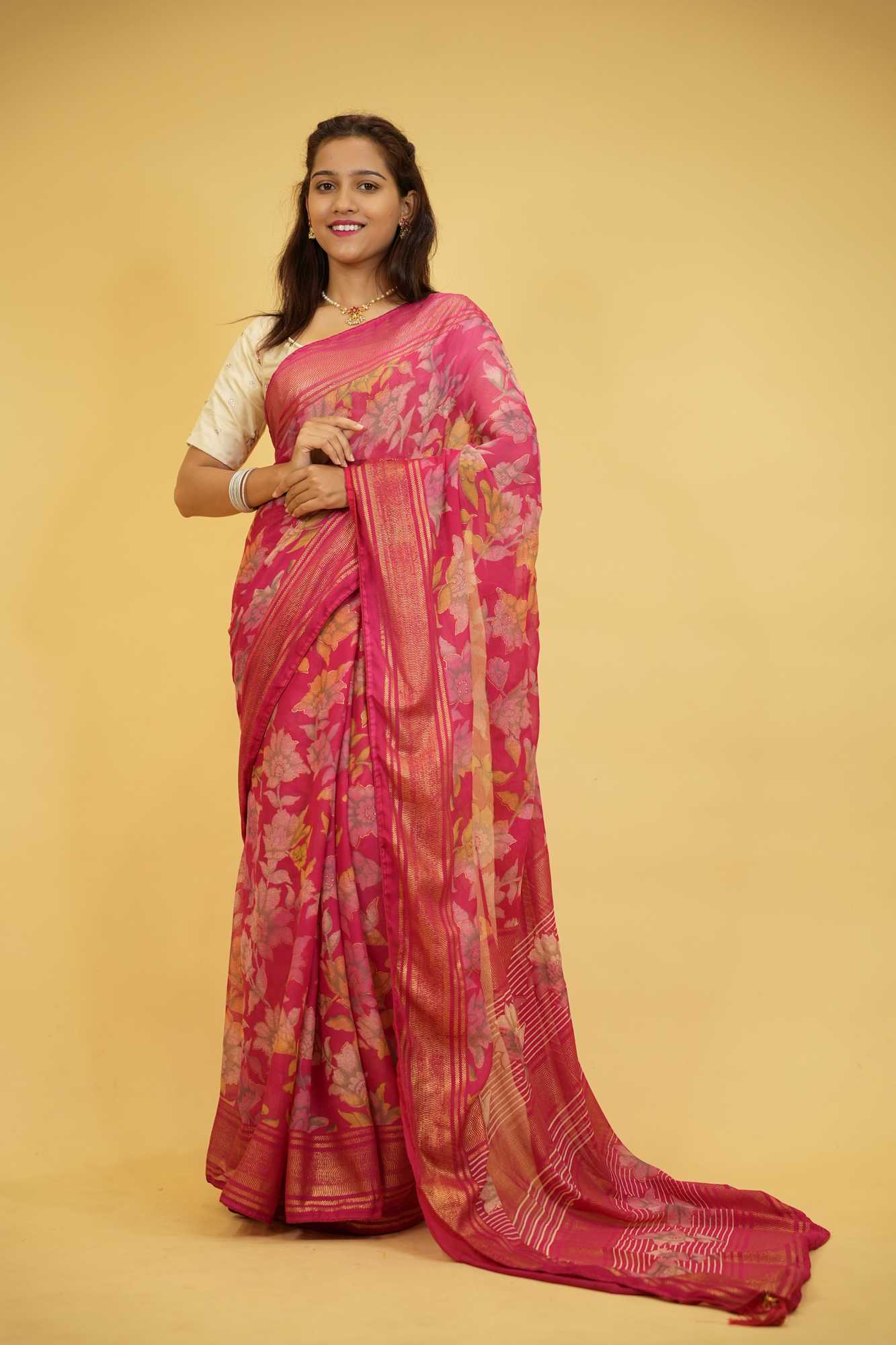 Pink Floral Print in Viscose Georgette Ready To Wear Saree