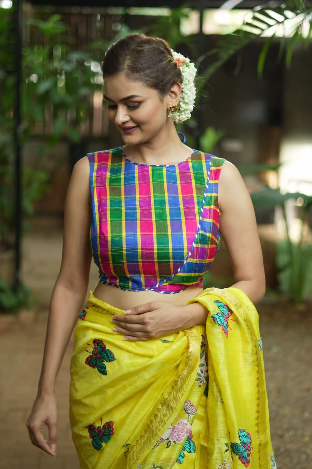 Pink Green blue Pure raw silk checkerd croptop | Shobitam