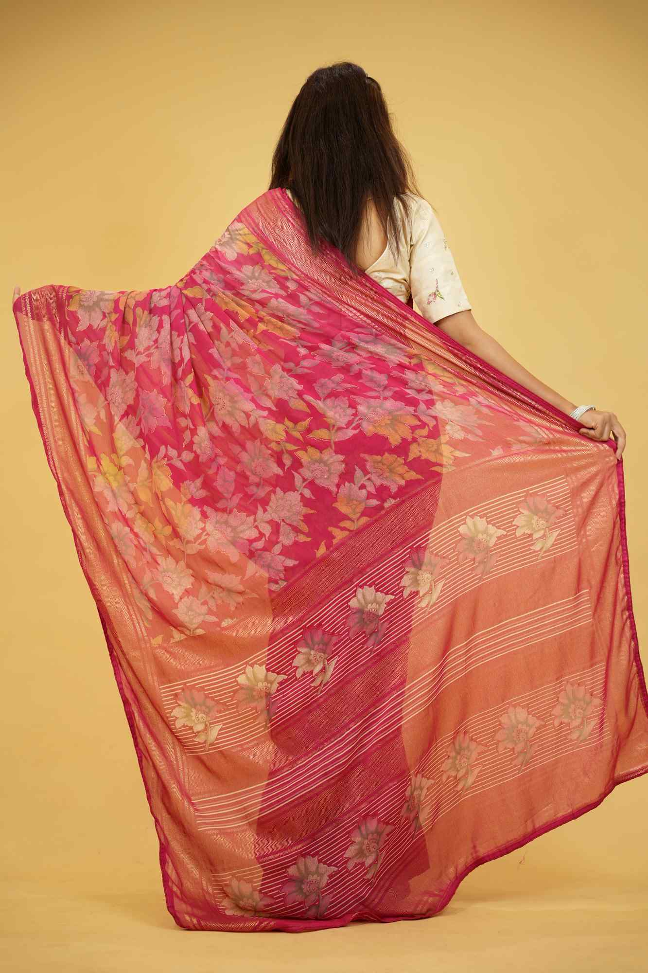 Pink Floral Print in Viscose Georgette Ready To Wear Saree