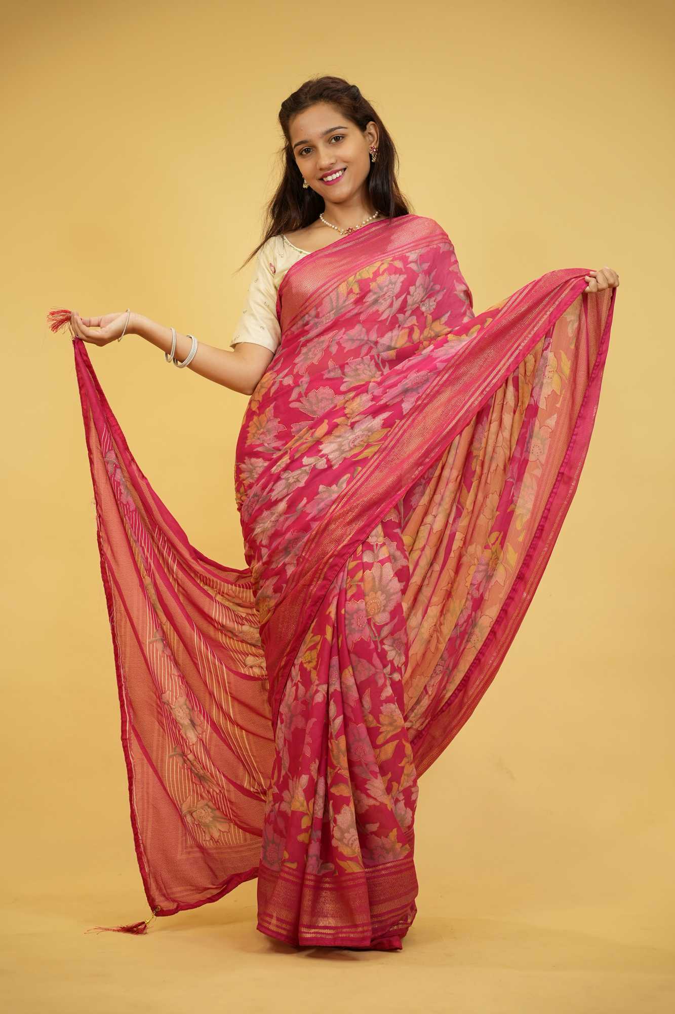 Pink Floral Print in Viscose Georgette Ready To Wear Saree
