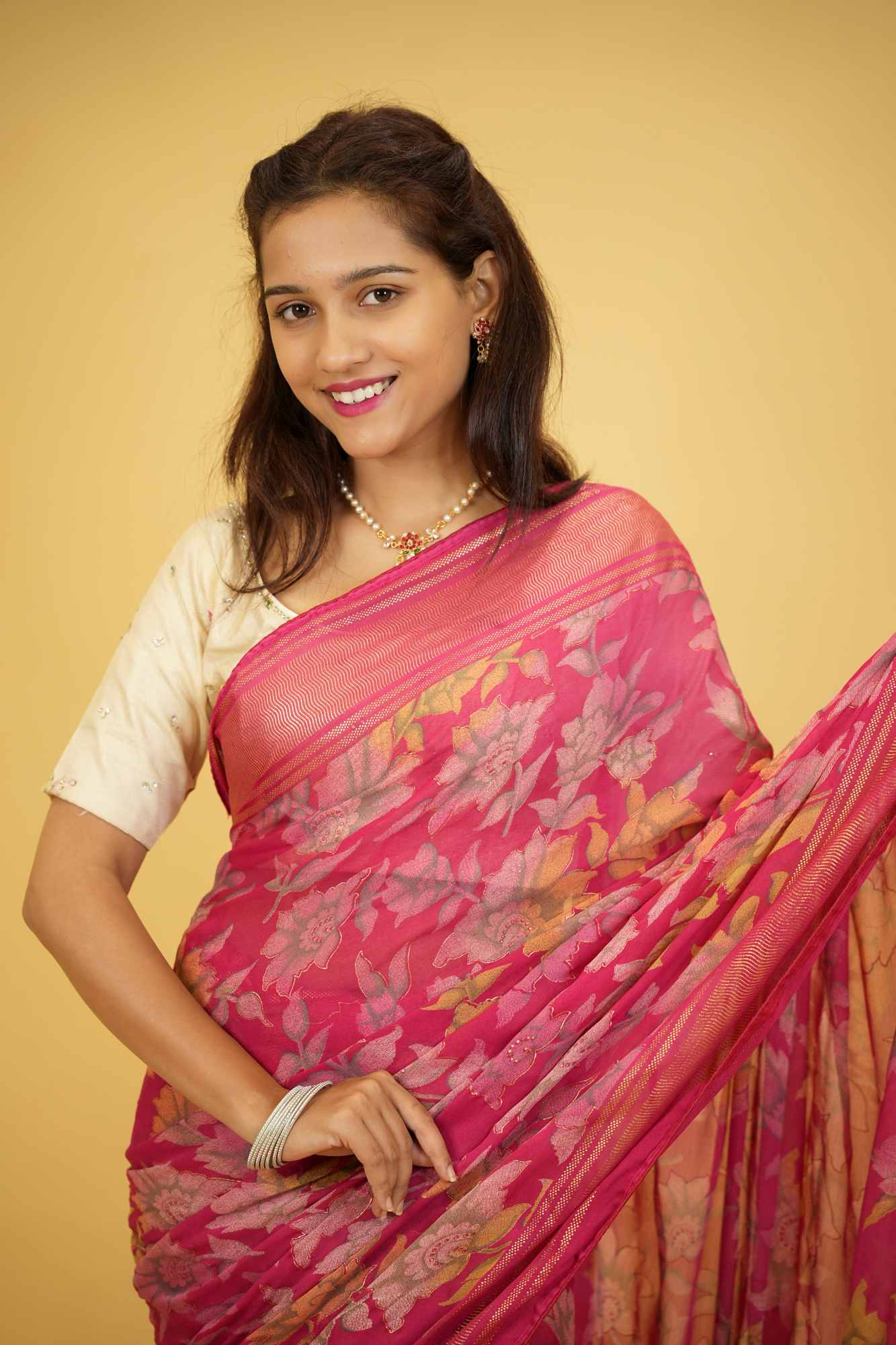 Pink Floral Print in Viscose Georgette Ready To Wear Saree