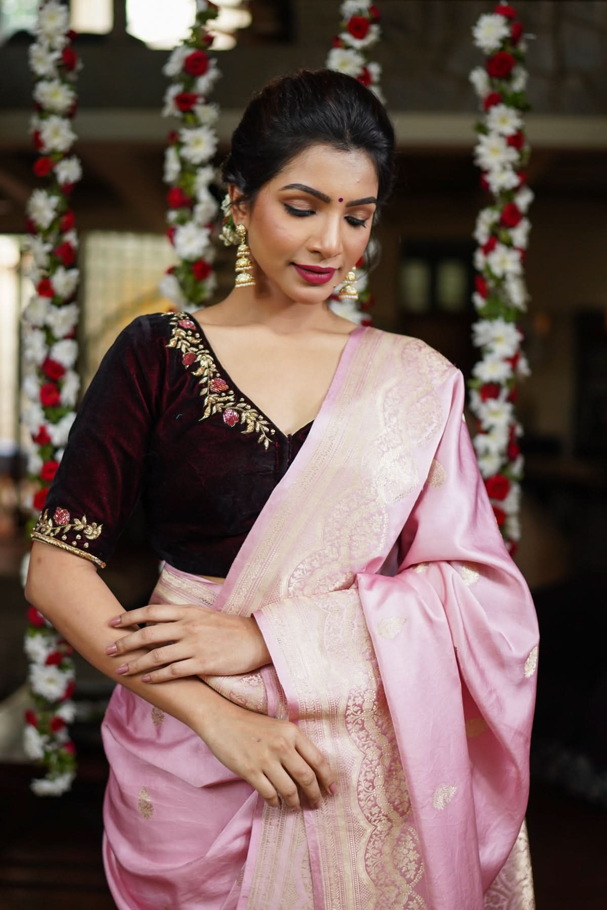 Maroon Velvet Blouse with Zardosi work Mix and Match Blouse for saree, Made to Order | Shobitam
