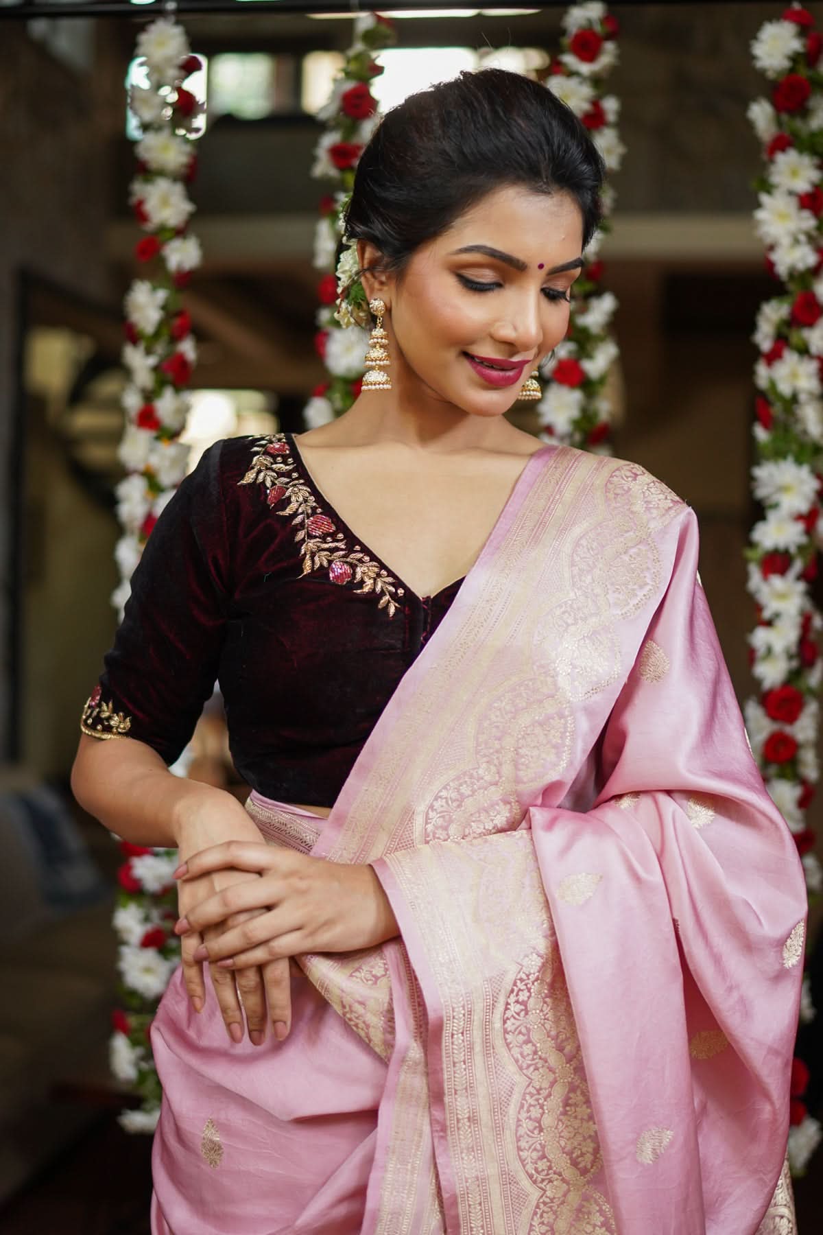 Maroon Velvet Blouse with Zardosi work Mix and Match Blouse for saree, Made to Order | Shobitam