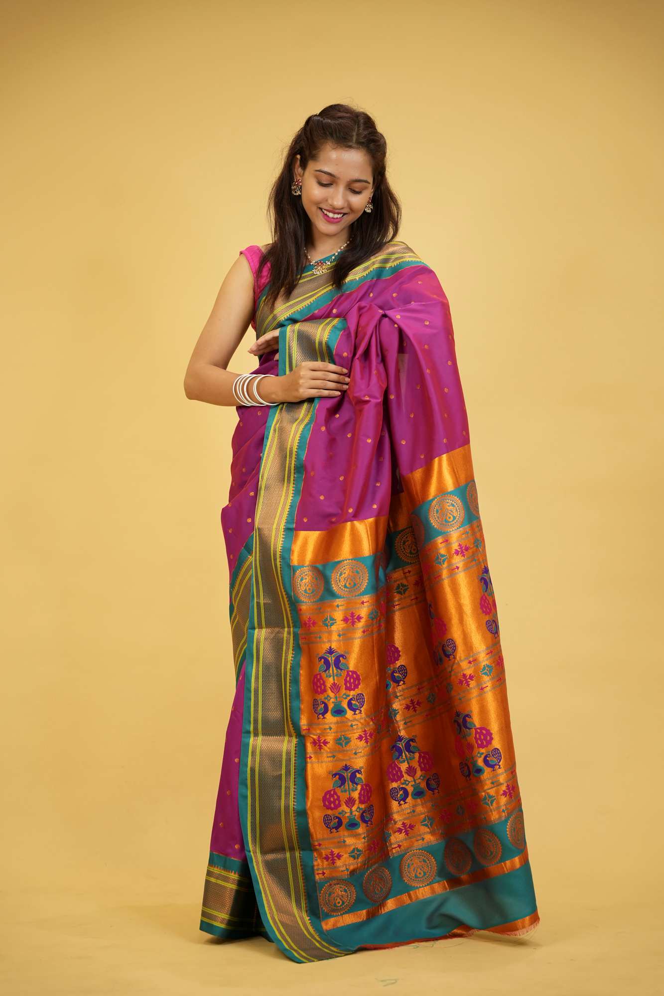 Soft Silk Ready-to-Wear Saree with Jacquard Weaving & Contrast Pallu – Prestitched, All Sizes