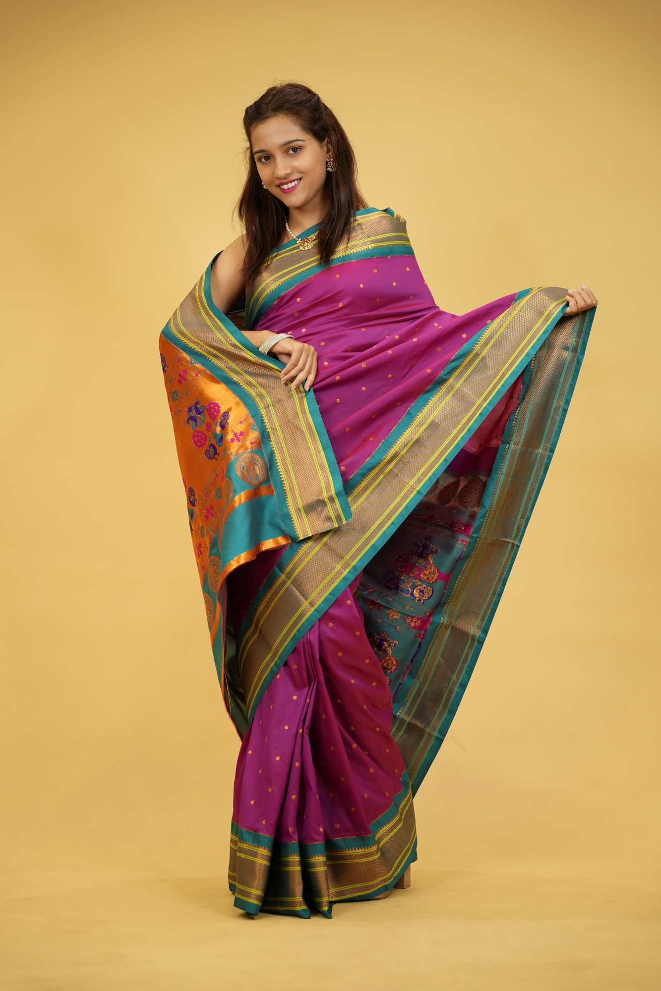 Soft Silk Ready-to-Wear Saree with Jacquard Weaving & Contrast Pallu – Prestitched, All Sizes