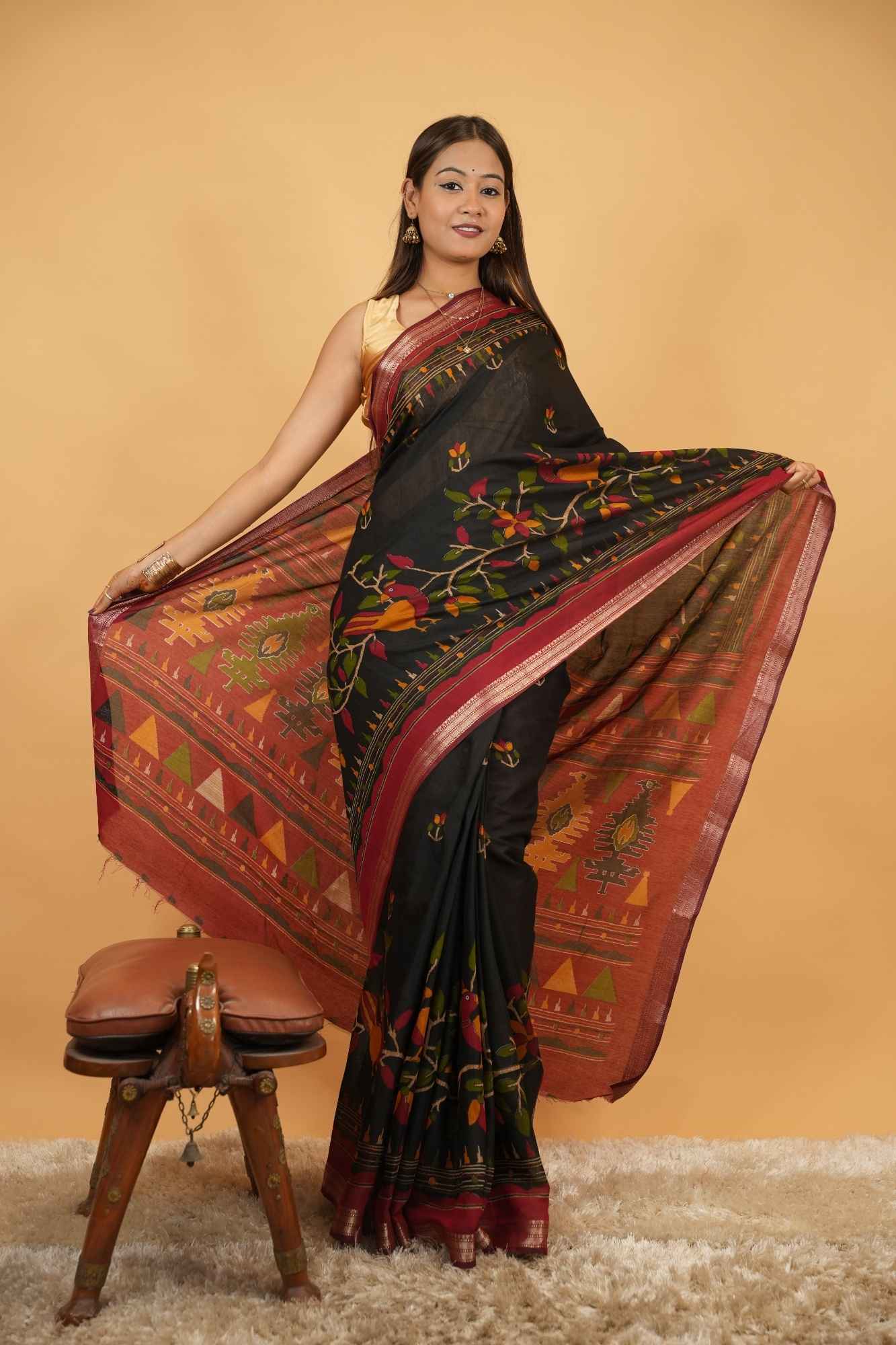 Soft cotton style printed with zari pattu woven border. Ready To Wear Saree