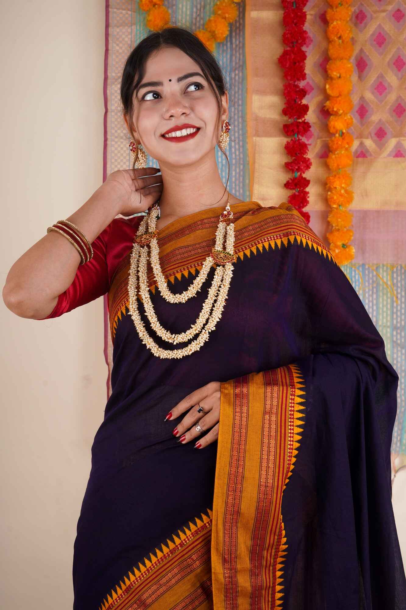 Deep Violet With Zari Naksha woven Border Pure Cotton Wrap in 1 minute Saree with readymade blouse - Isadora Life Online Shopping Store