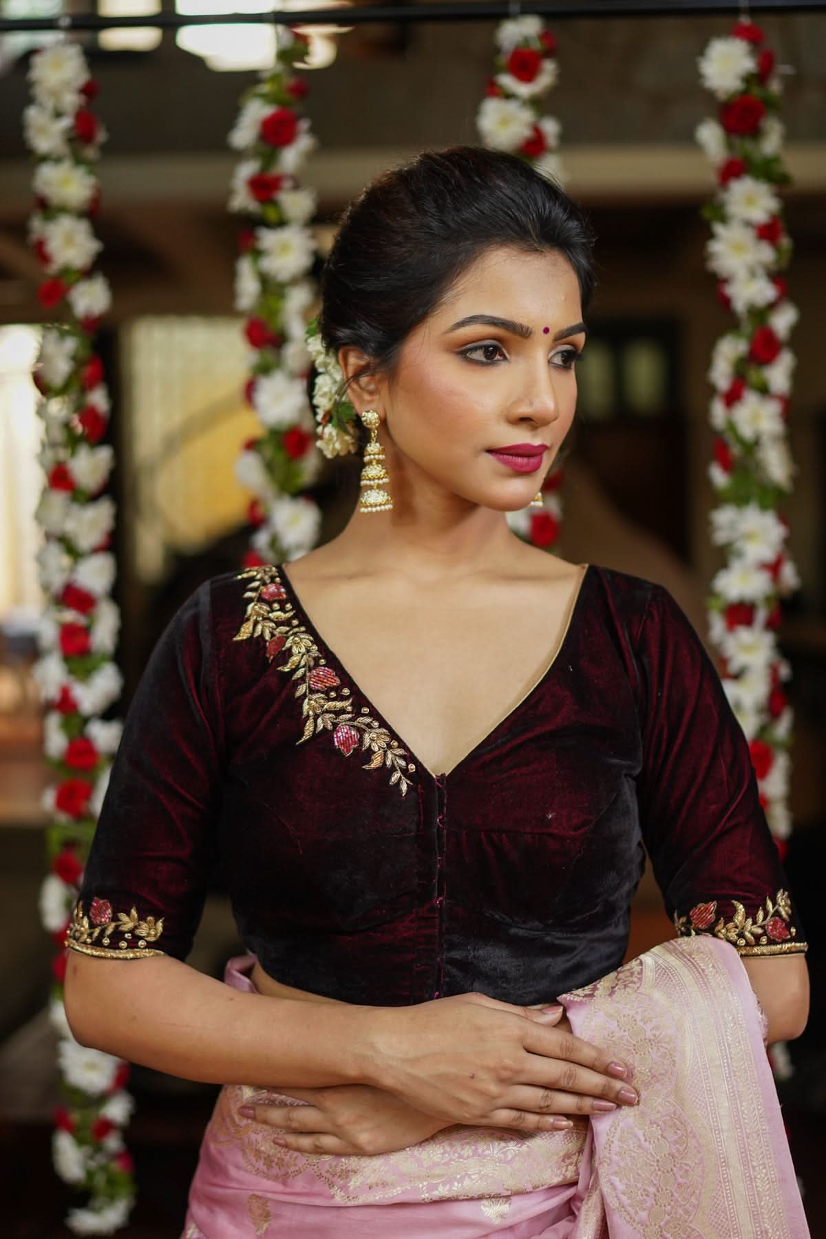 Maroon Velvet Blouse with Zardosi work Mix and Match Blouse for saree, Made to Order | Shobitam