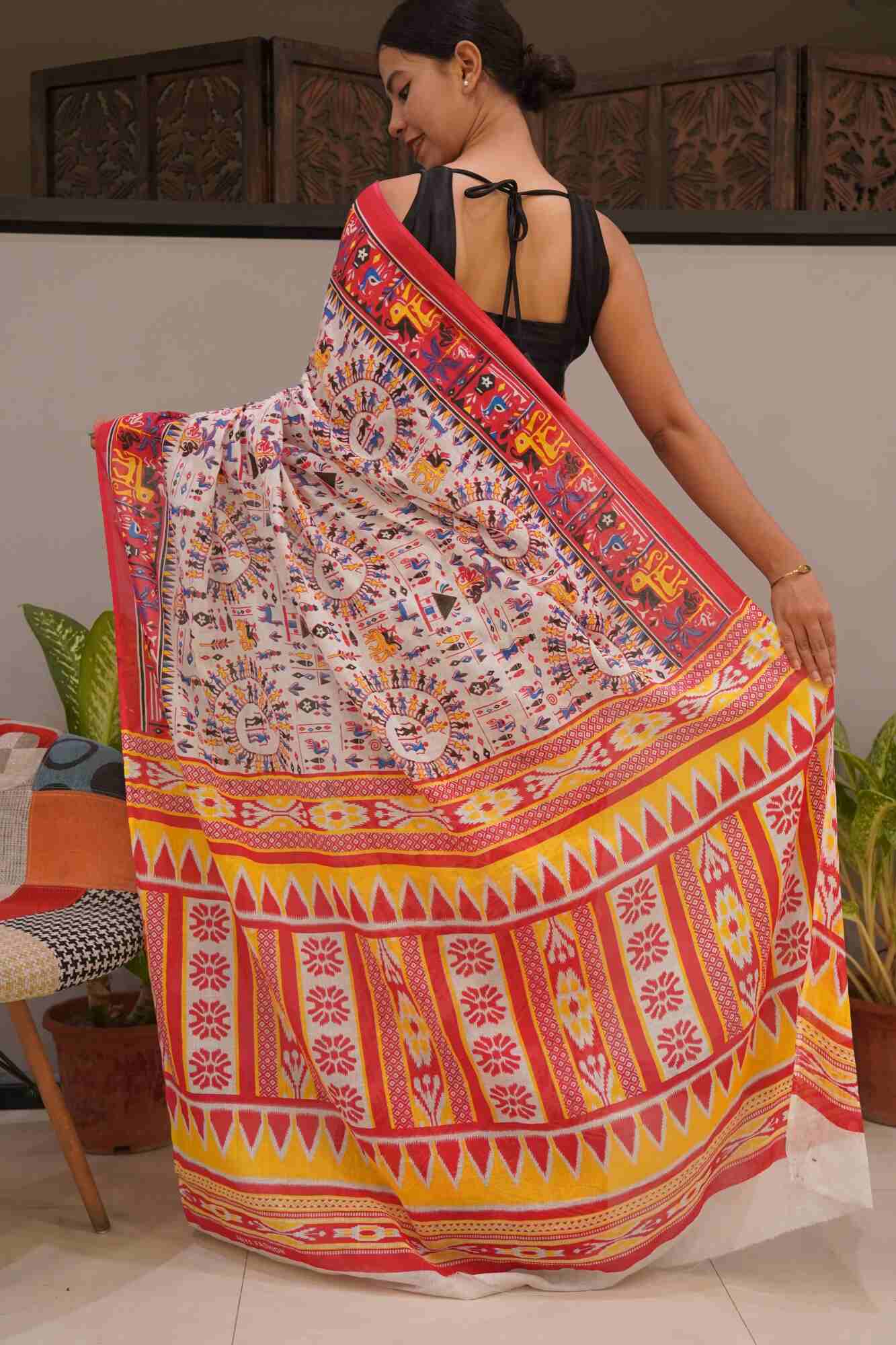 Ready to wear Warli Art Printed over all  cotton one minute ready made saree no