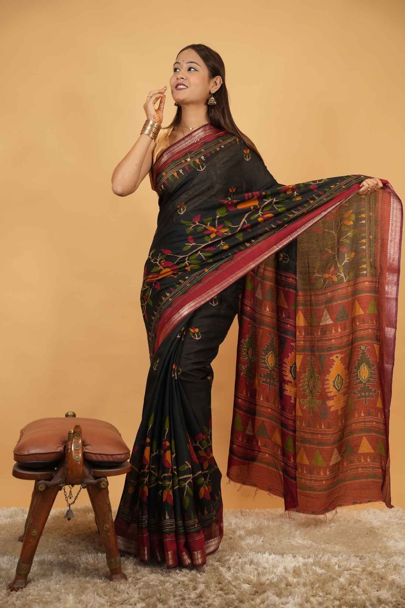 Soft cotton style printed with zari pattu woven border. Ready To Wear Saree