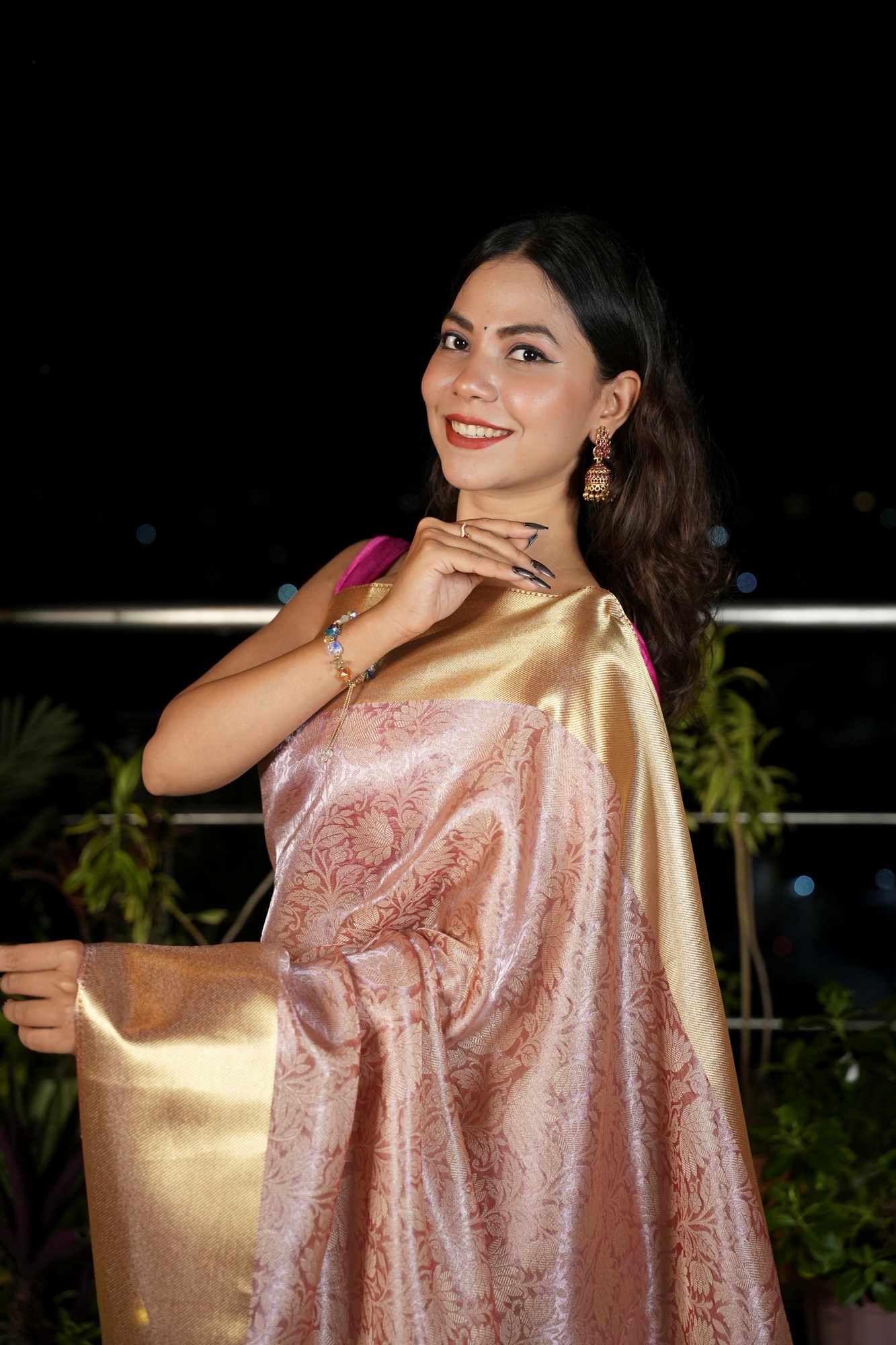 Banarasi ready to wear saree with ornate pallu and zari woven border