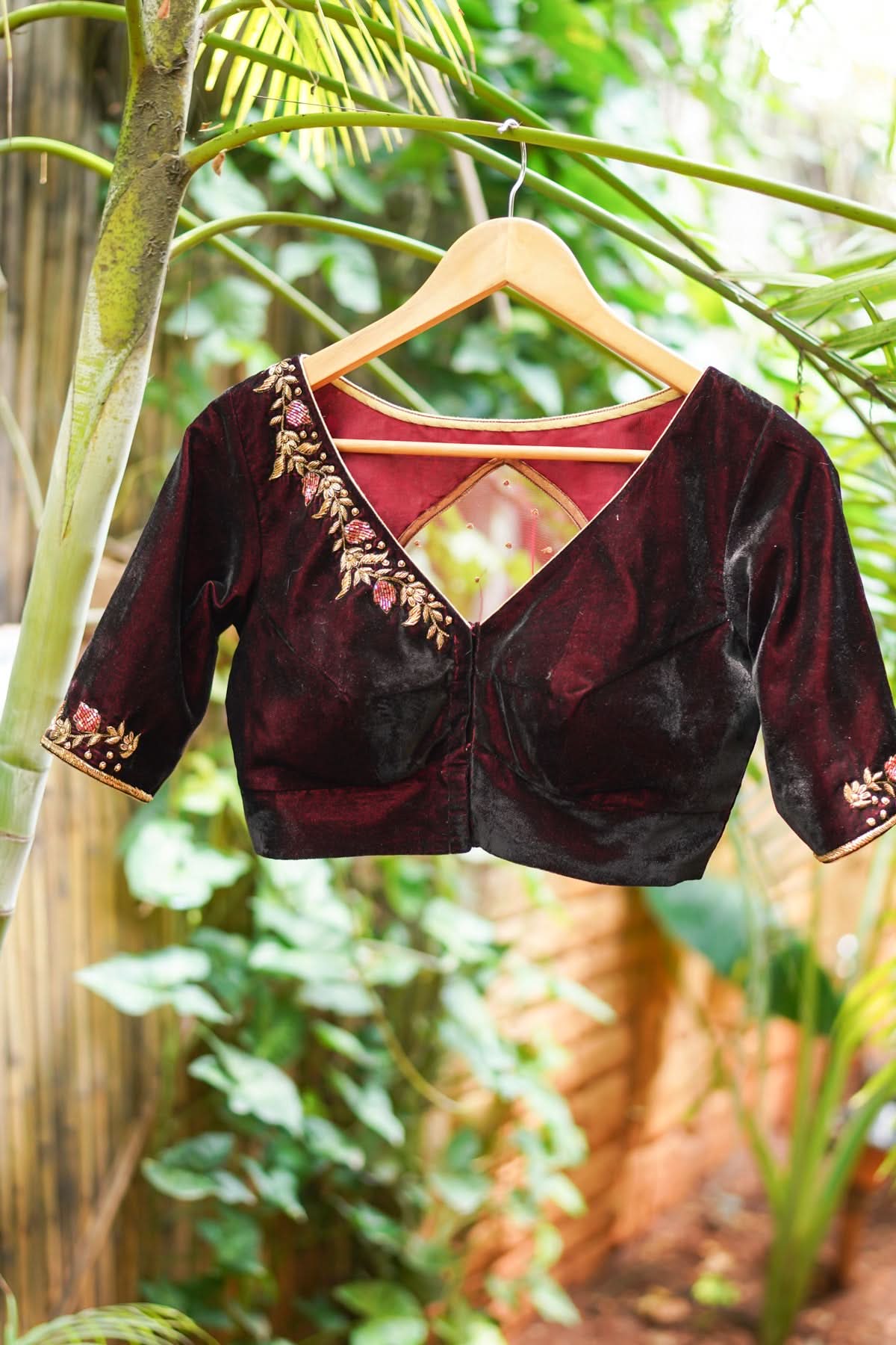 Maroon Velvet Blouse with Zardosi work Mix and Match Blouse for saree, Made to Order | Shobitam