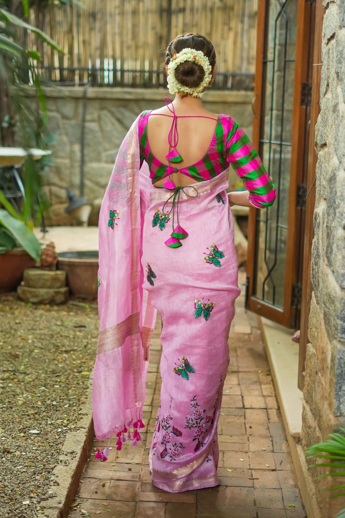 Blooms of Joy - Floral Embroidered Saree in Lotus Pink | Shobitam