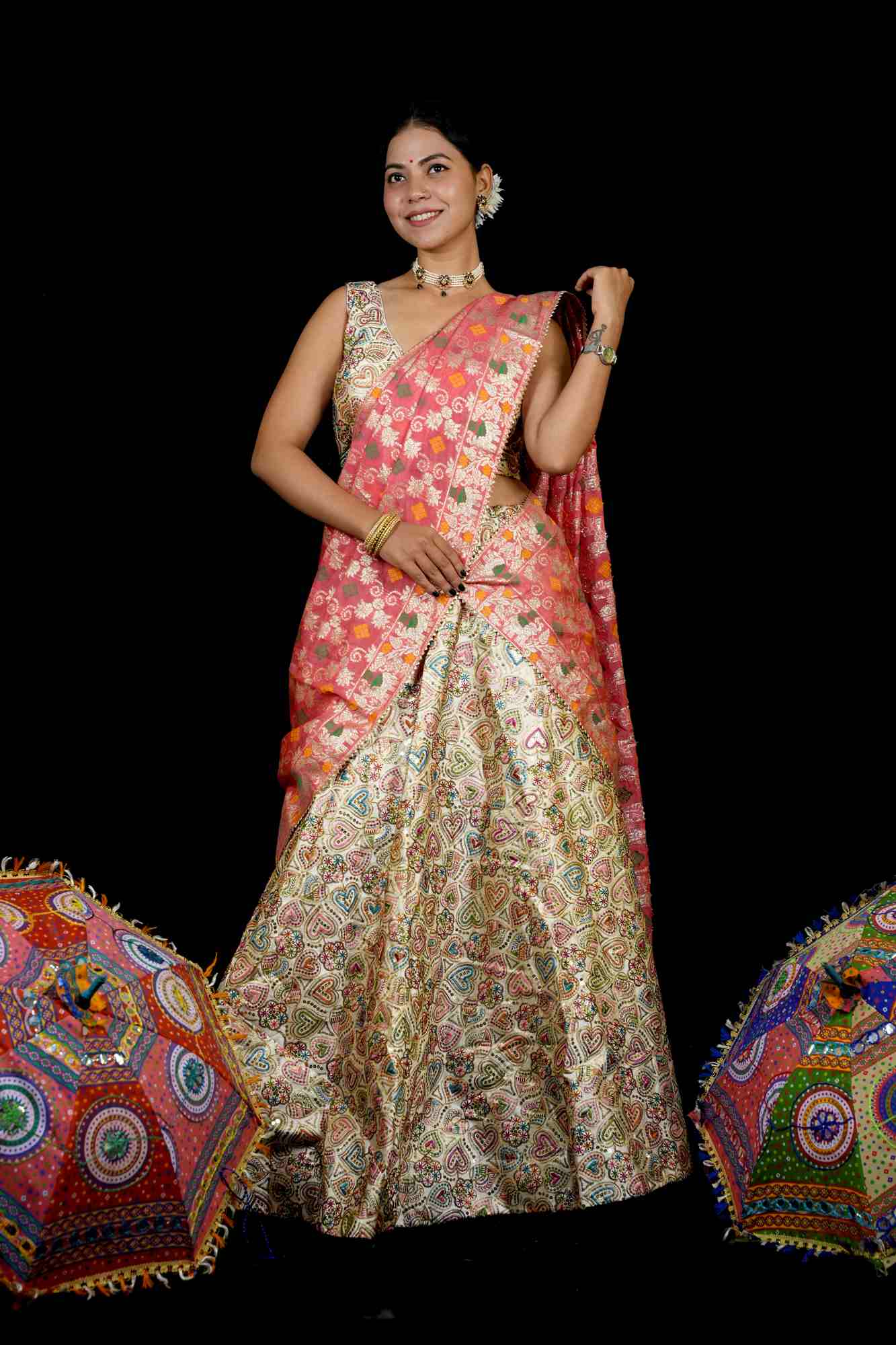 Handcrafted Heart Motif Lehenga with Banarasi Dupatta
