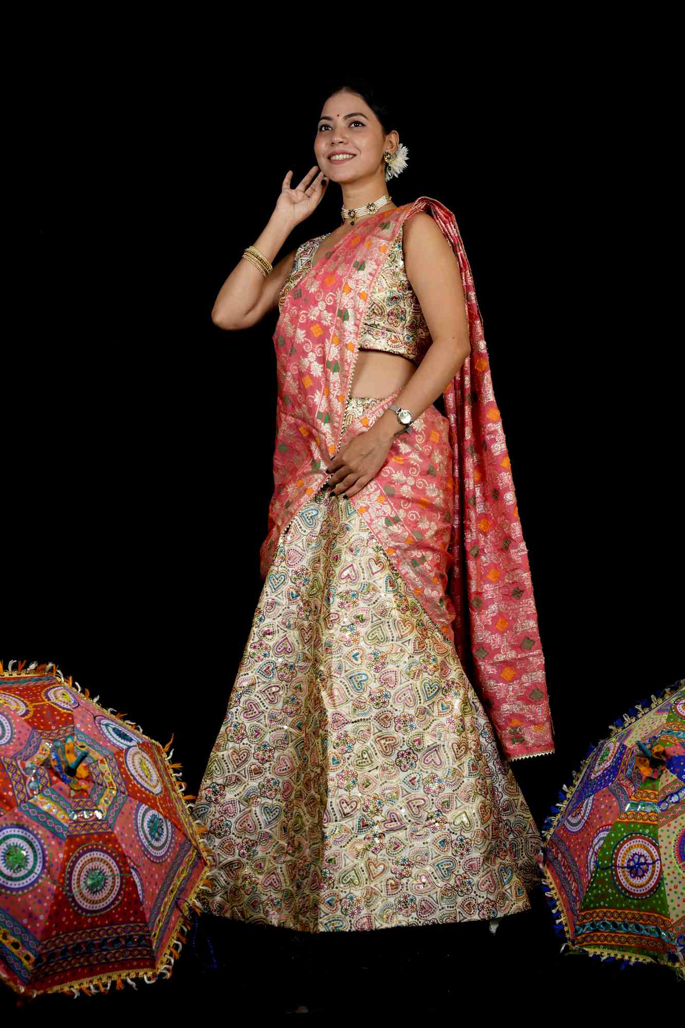 Handcrafted Heart Motif Lehenga with Banarasi Dupatta