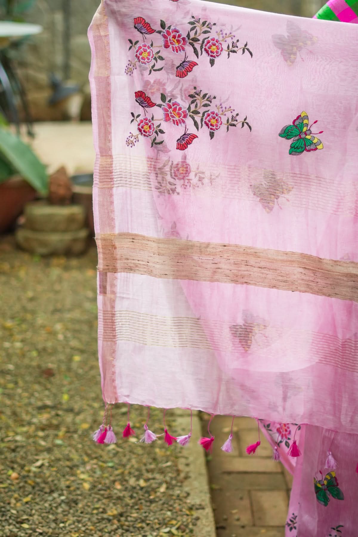 Blooms of Joy - Floral Embroidered Saree in Lotus Pink | Shobitam