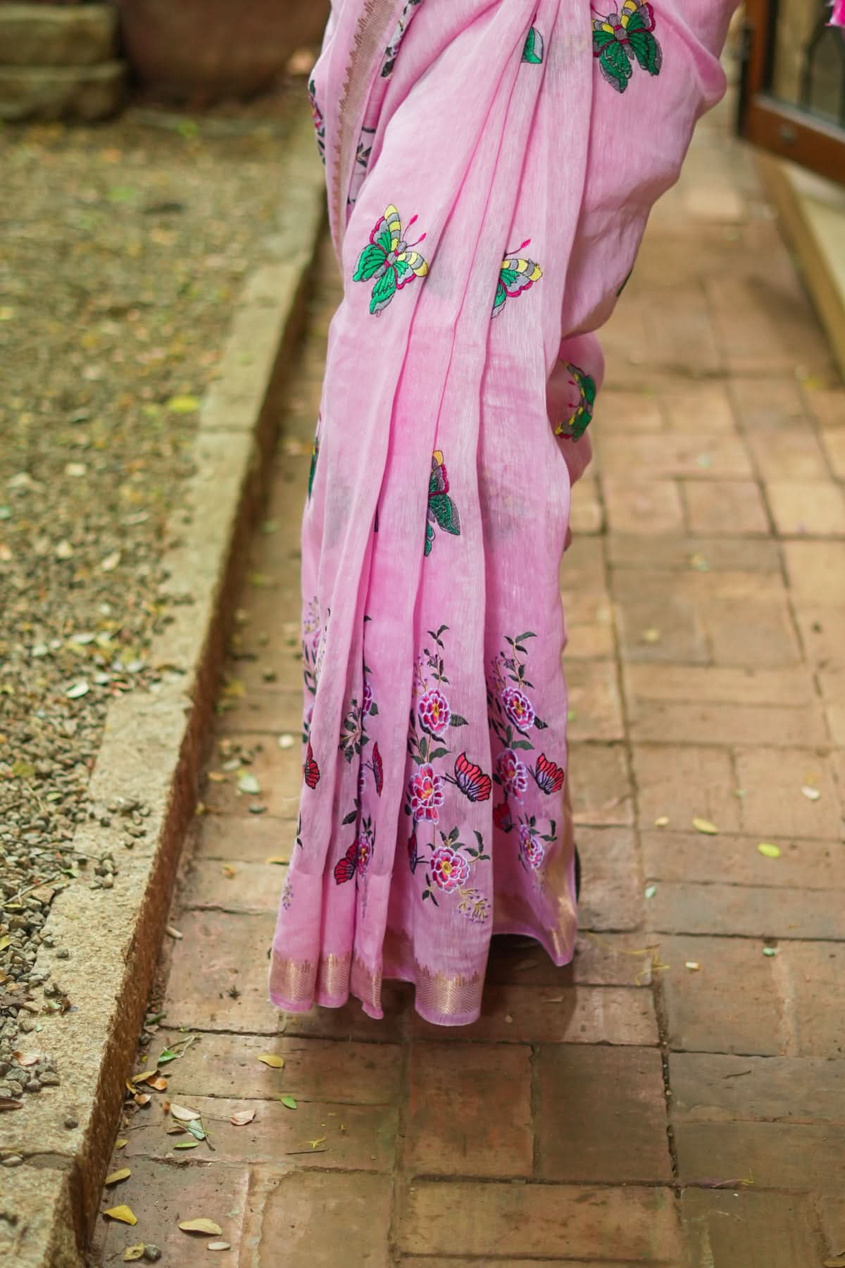 Blooms of Joy - Floral Embroidered Saree in Lotus Pink | Shobitam