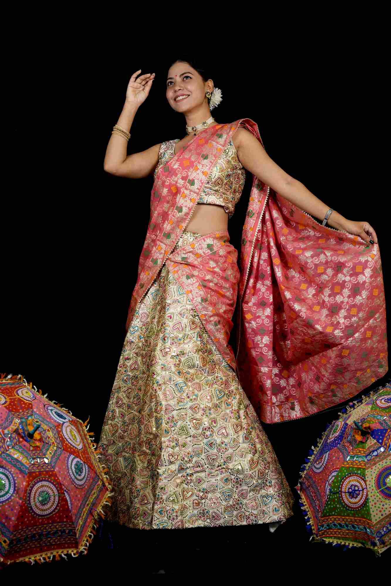 Handcrafted Heart Motif Lehenga with Banarasi Dupatta