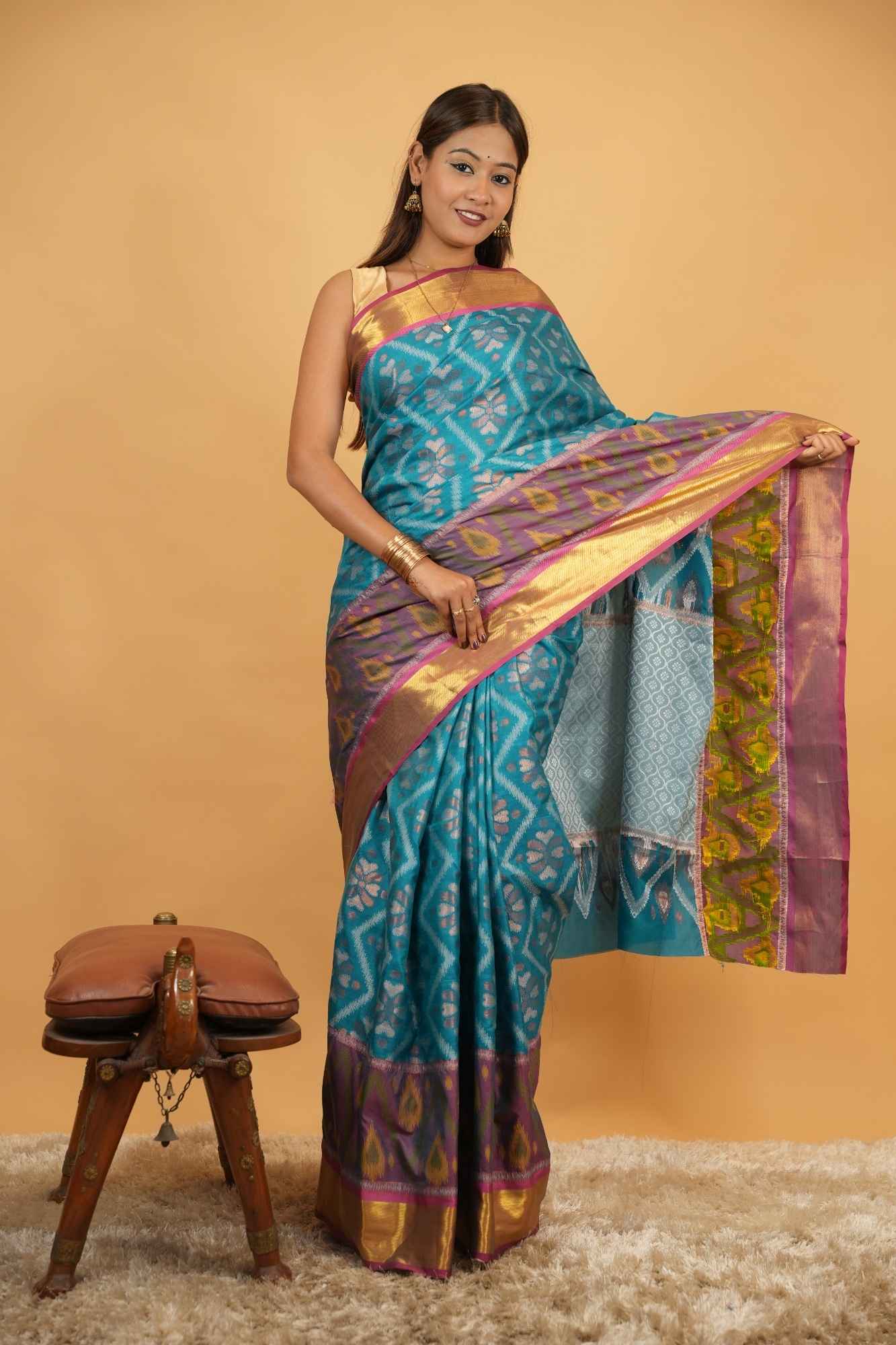 Patolla Cotton with Golden Zari Broder Ready To Wear Saree