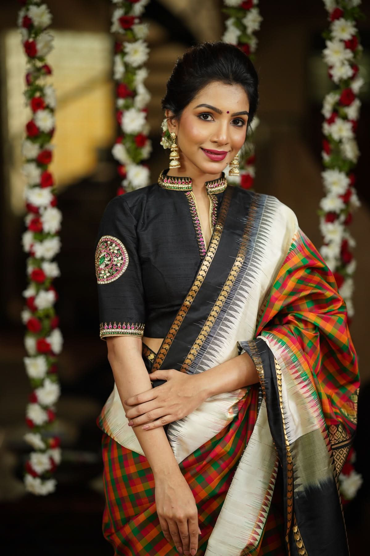 Black Raw Silk Blouse with Collar neck with Jadau Mandala Design, Made to Order | Shobitam