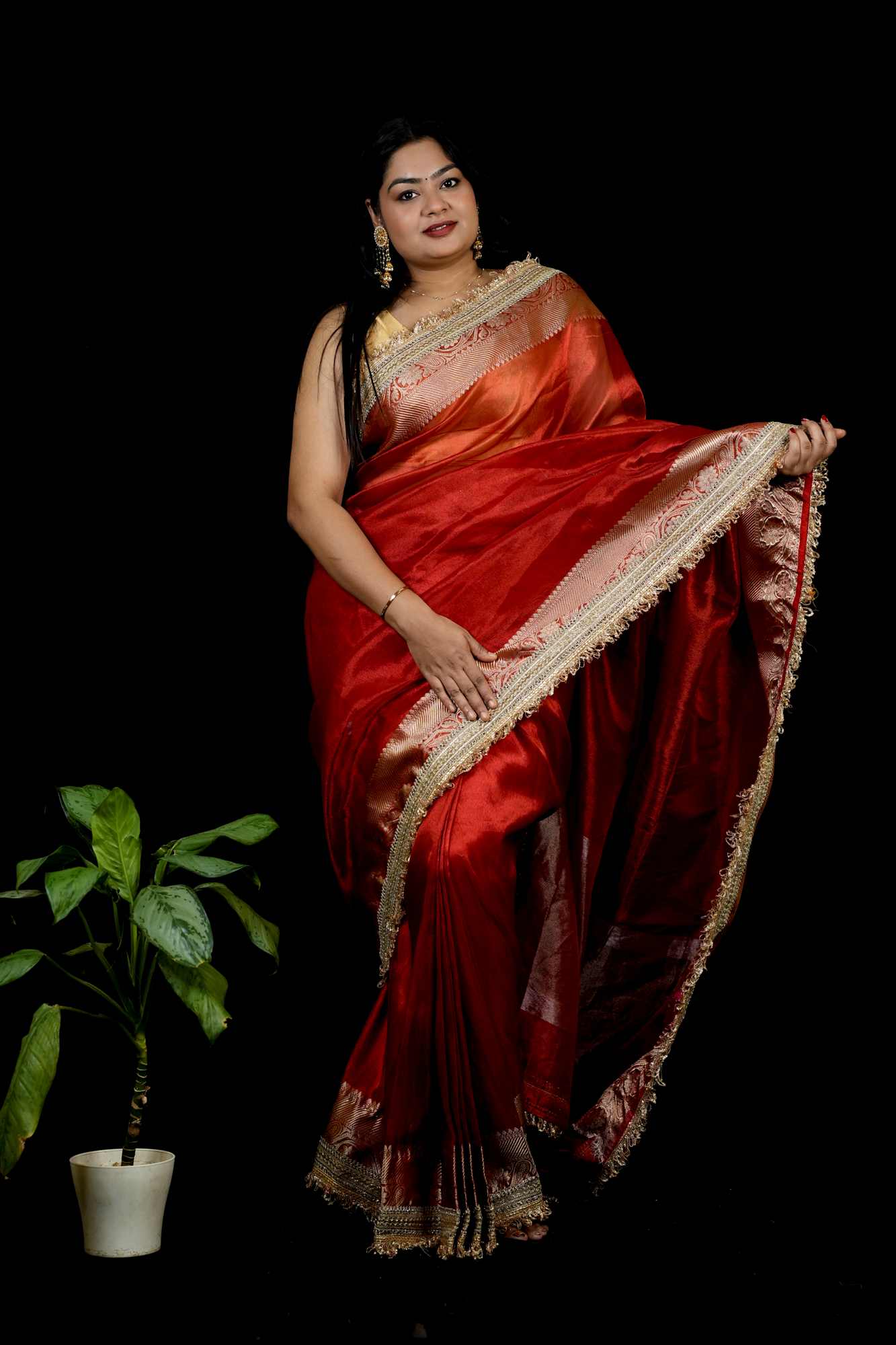 Banarasi-Inspired Tissue Silk with Zari-Embroidered Border Ready To Wear Saree