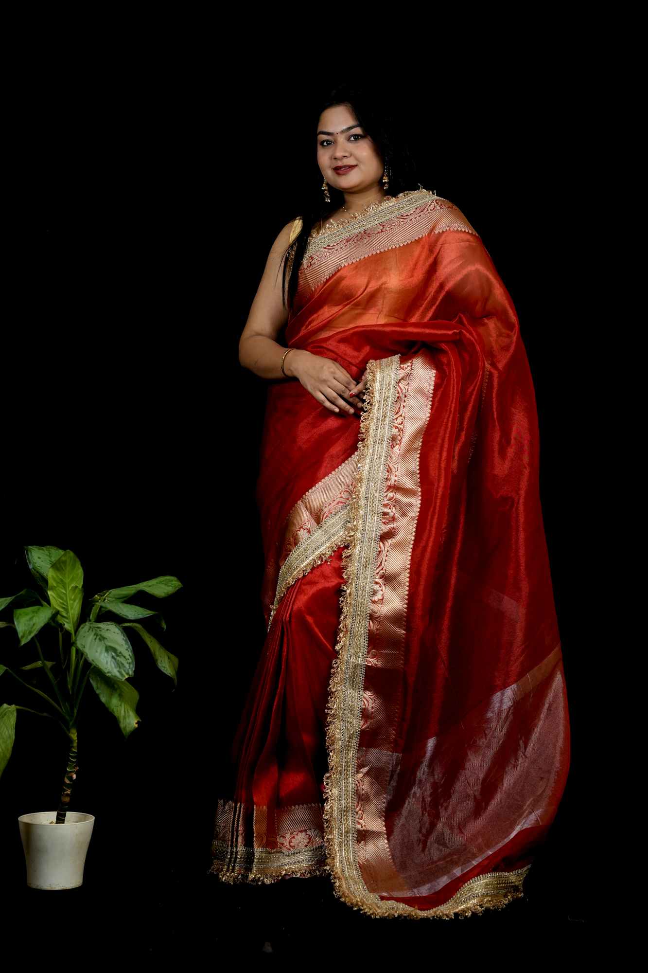 Banarasi-Inspired Tissue Silk with Zari-Embroidered Border Ready To Wear Saree