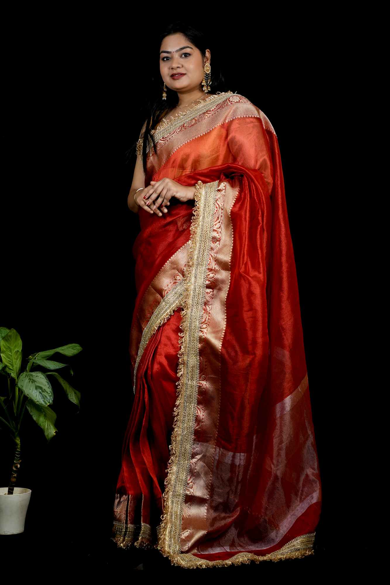 Banarasi-Inspired Tissue Silk with Zari-Embroidered Border Ready To Wear Saree