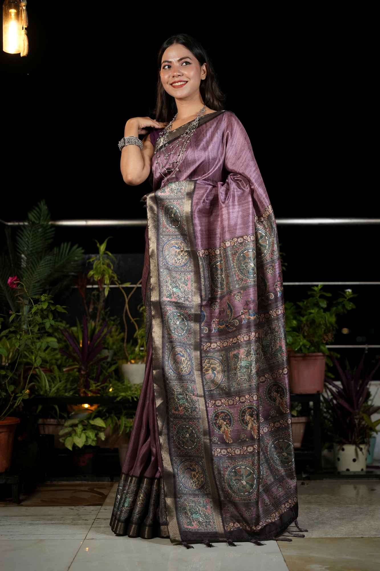 Silk with Kalamkari Motif Pallu & Antique Woven Border Ready To Wear Saree