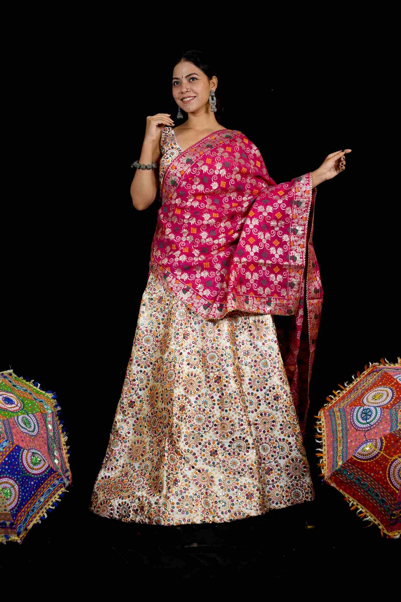 Mirror-Work Lehenga with Rani Pink Banarasi Dupatta
