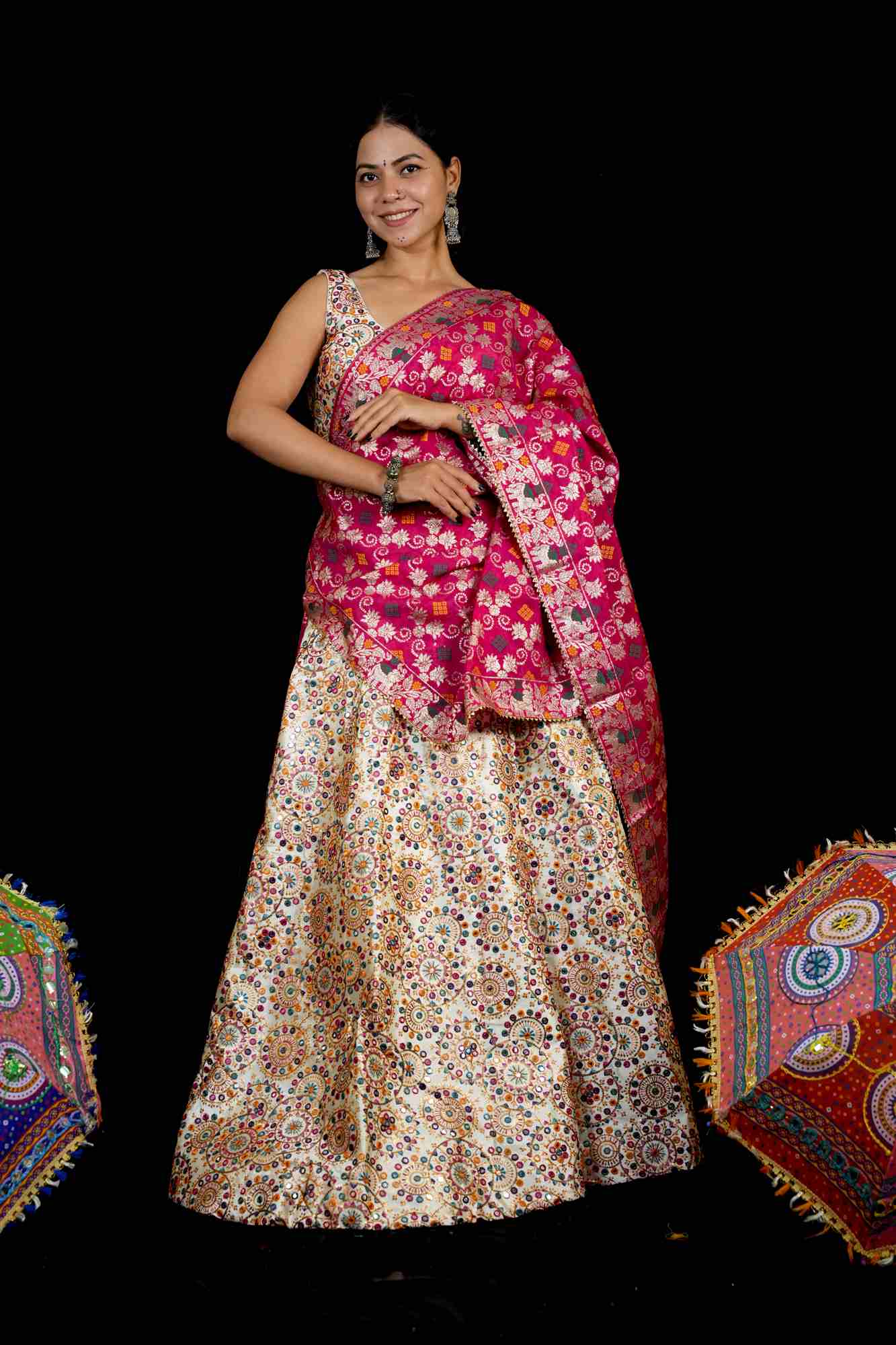 Mirror-Work Lehenga with Rani Pink Banarasi Dupatta