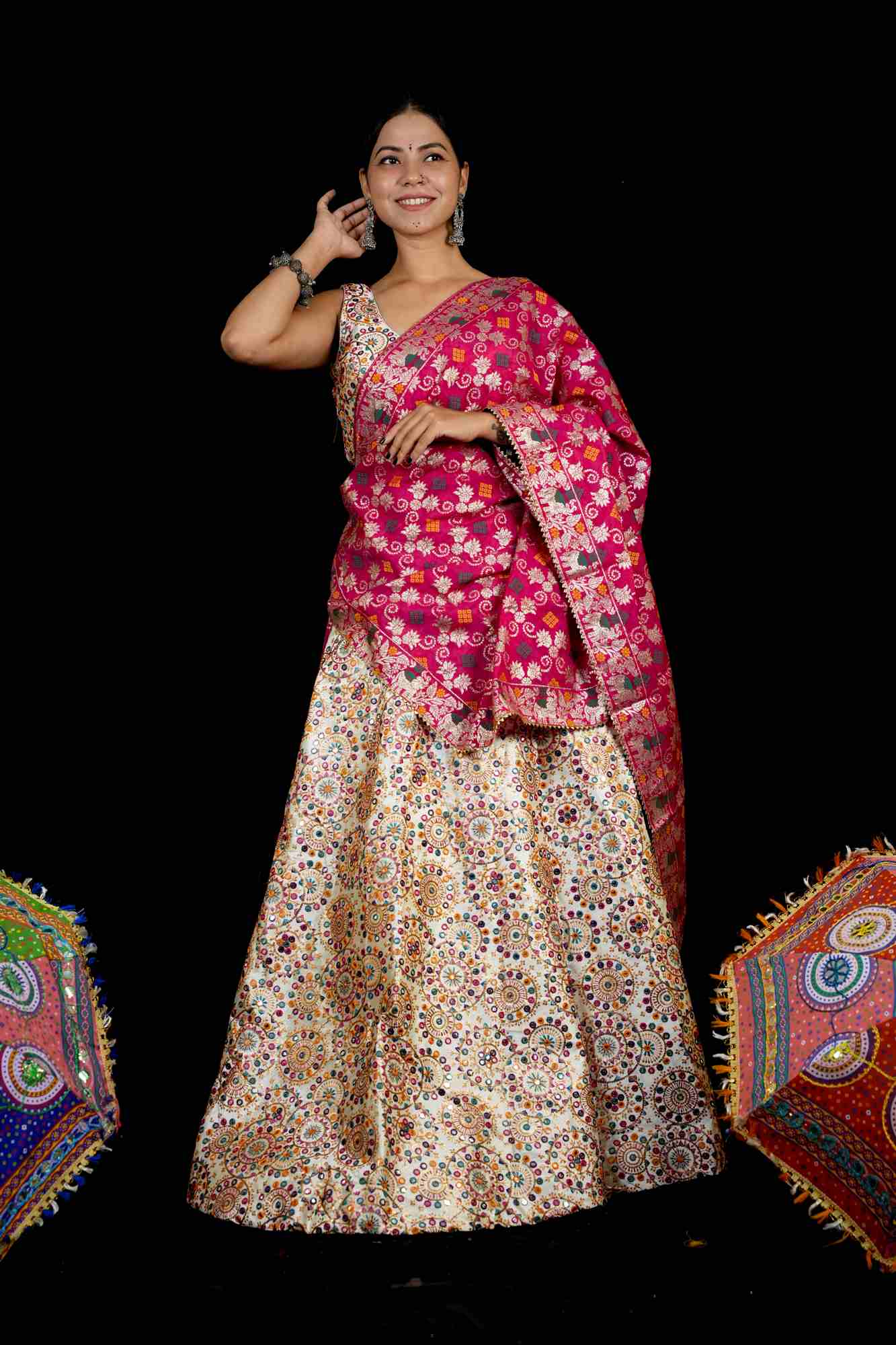 Mirror-Work Lehenga with Rani Pink Banarasi Dupatta