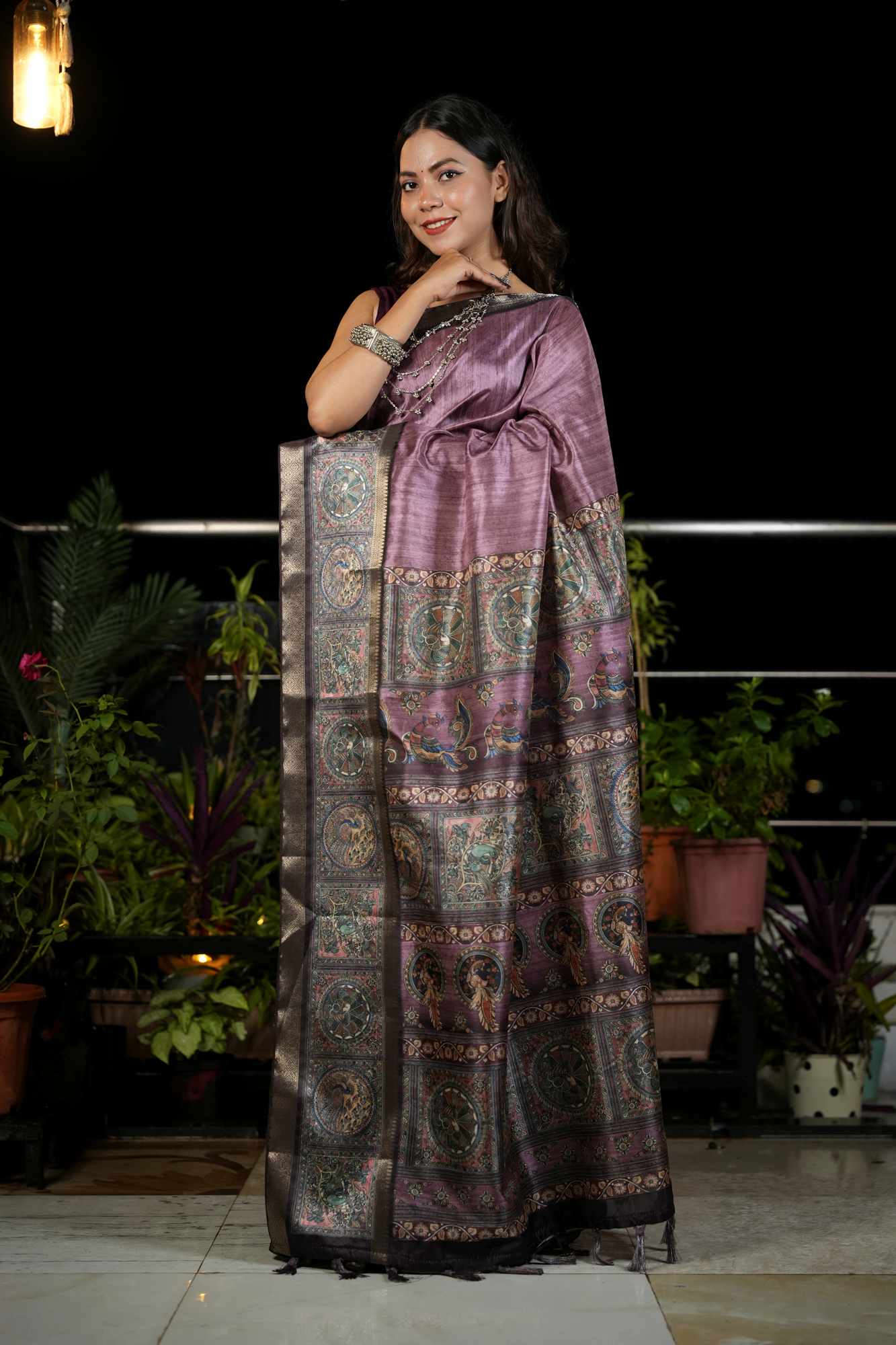 Silk with Kalamkari Motif Pallu & Antique Woven Border Ready To Wear Saree