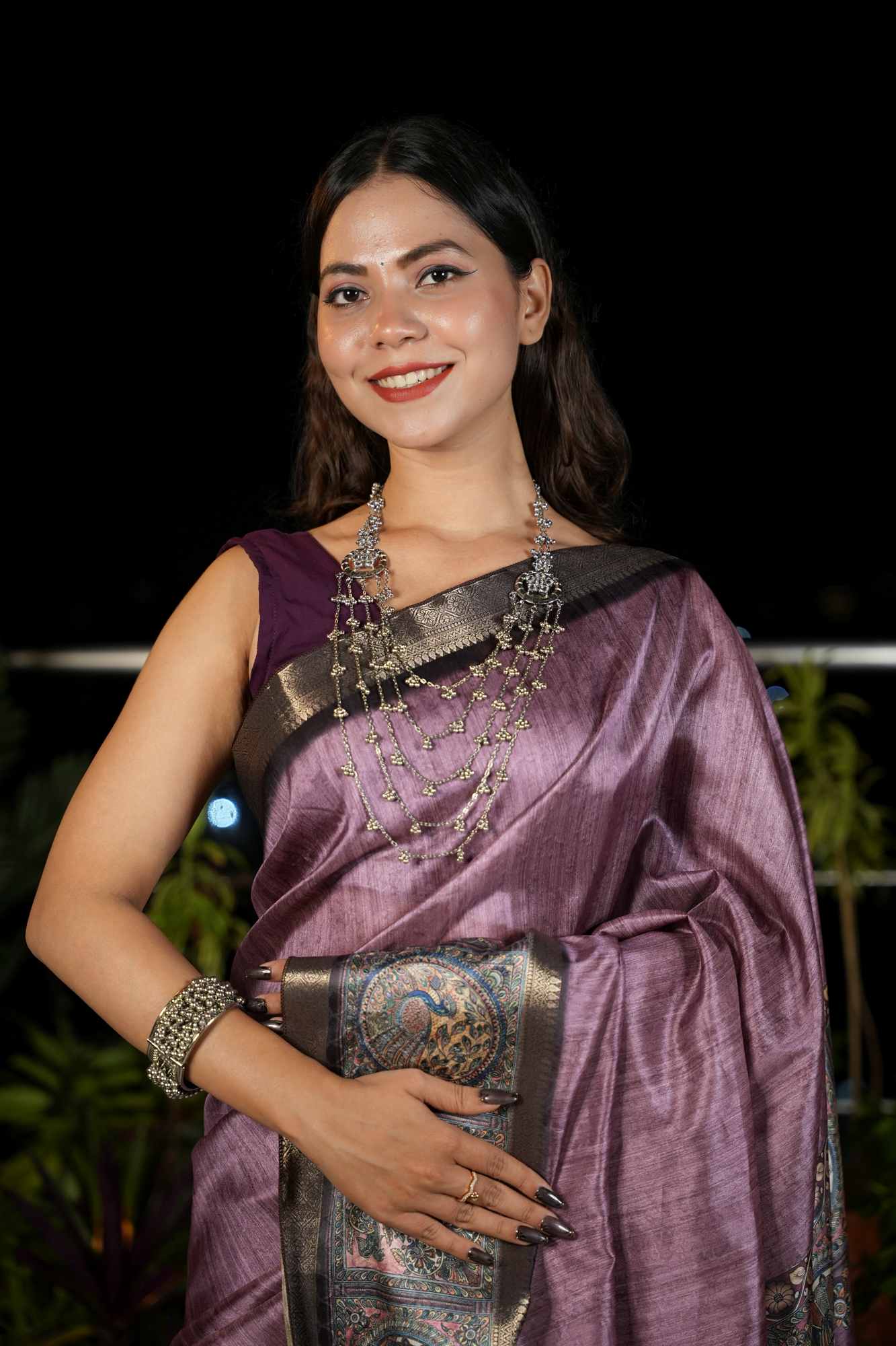 Silk with Kalamkari Motif Pallu & Antique Woven Border Ready To Wear Saree