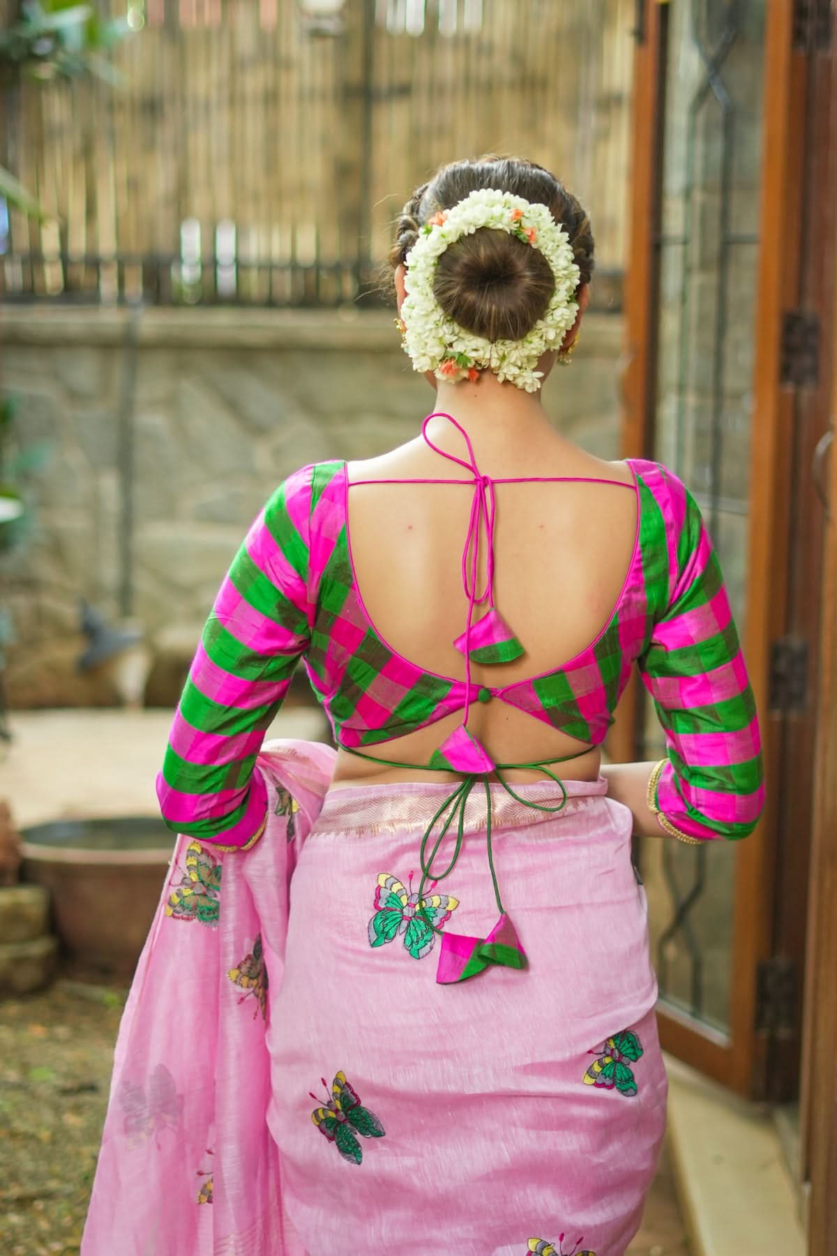 Emerald pink checked pure raw silk U neck blouse | Shobitam