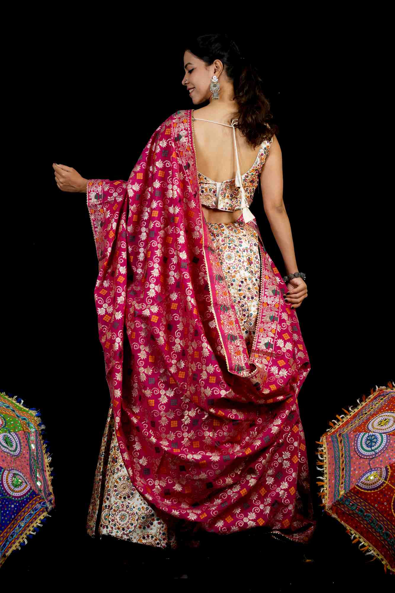 Mirror-Work Lehenga with Rani Pink Banarasi Dupatta