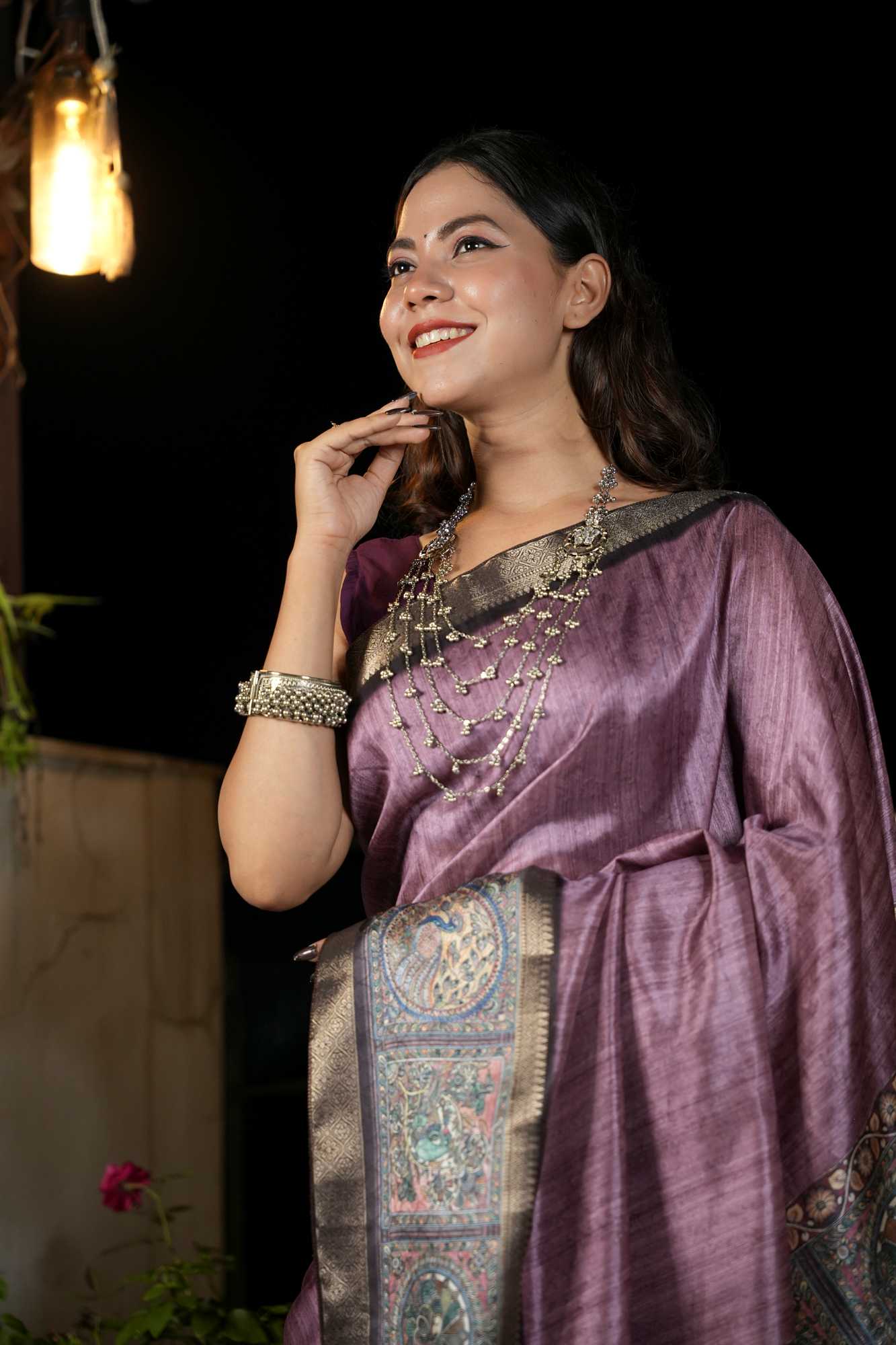 Silk with Kalamkari Motif Pallu & Antique Woven Border Ready To Wear Saree