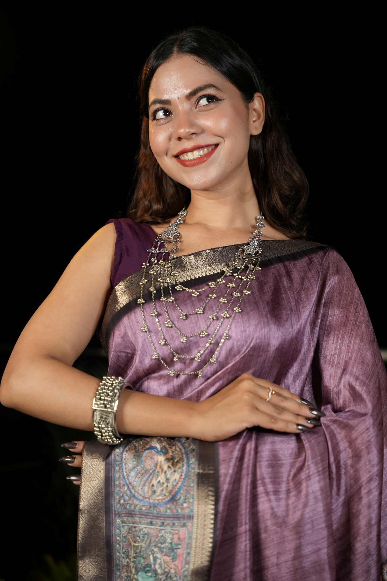 Silk with Kalamkari Motif Pallu & Antique Woven Border Ready To Wear Saree