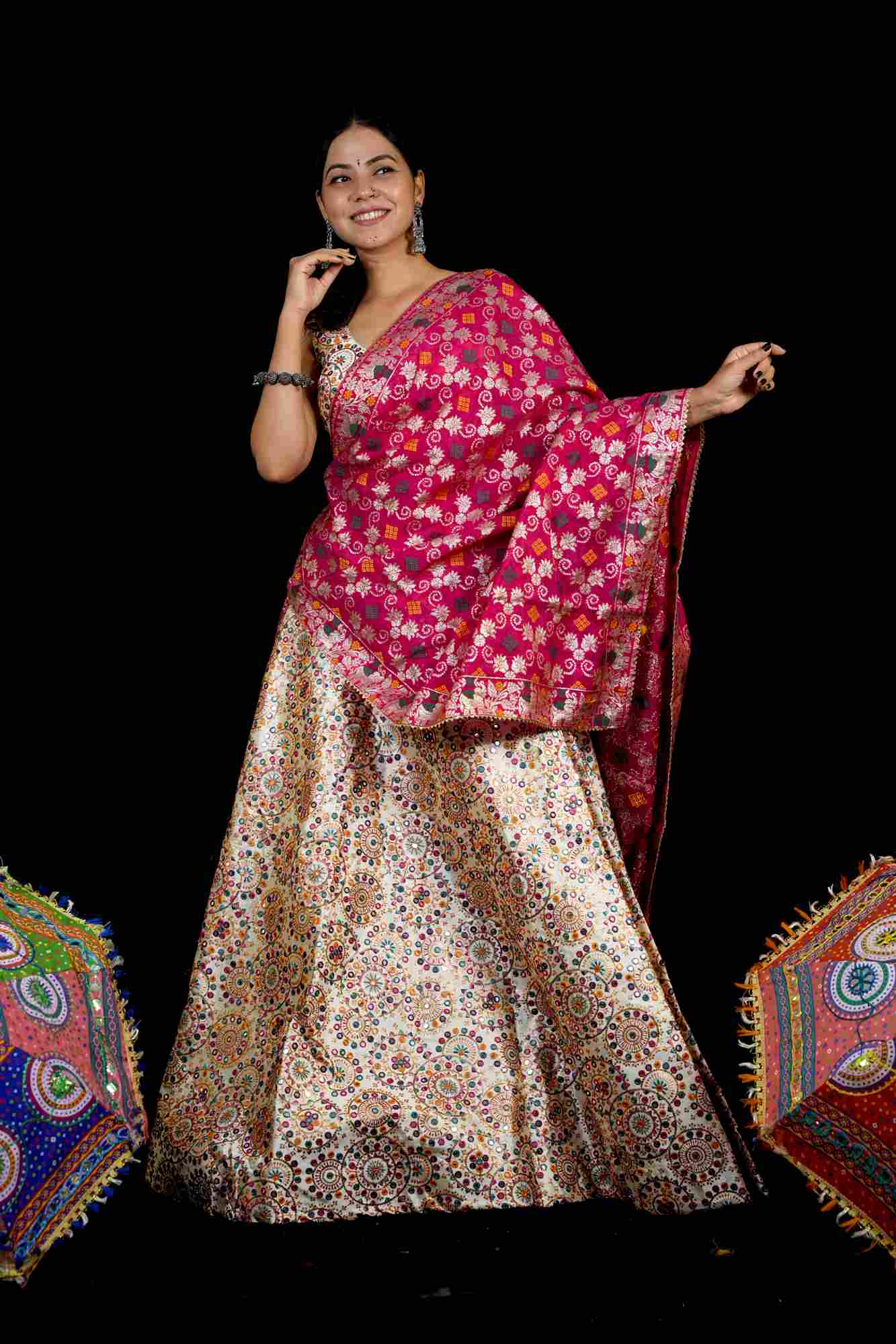 Mirror-Work Lehenga with Rani Pink Banarasi Dupatta