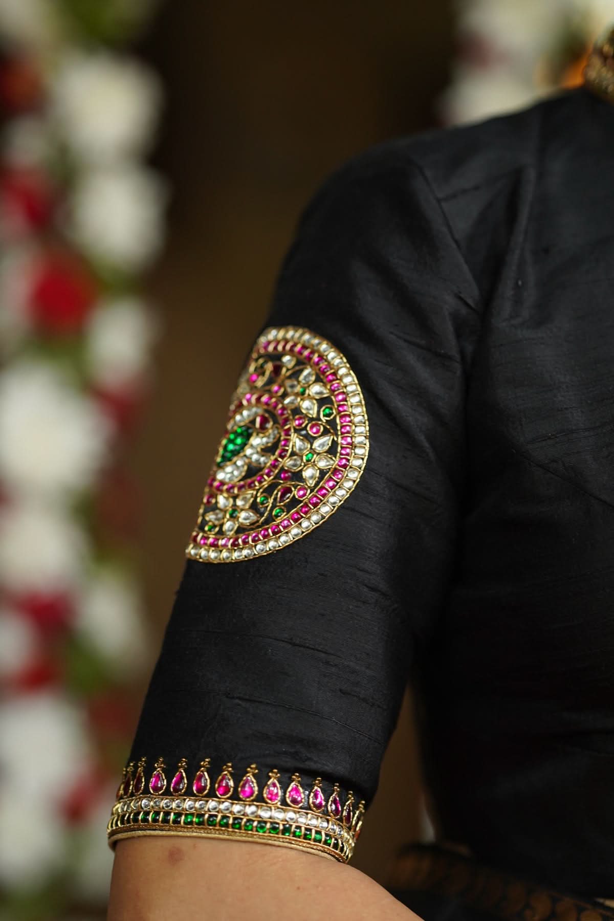 Black Raw Silk Blouse with Collar neck with Jadau Mandala Design, Made to Order | Shobitam