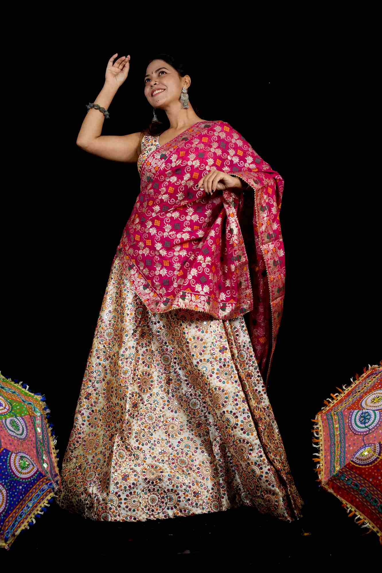 Mirror-Work Lehenga with Rani Pink Banarasi Dupatta
