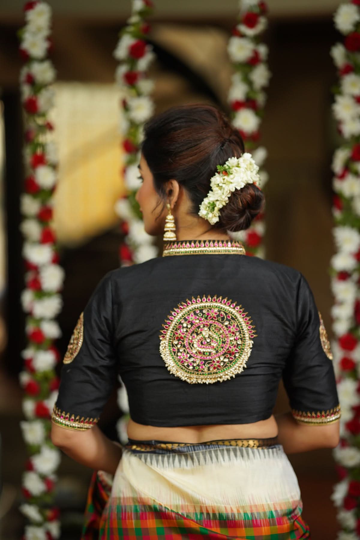 Black Raw Silk Blouse with Collar neck with Jadau Mandala Design, Made to Order | Shobitam