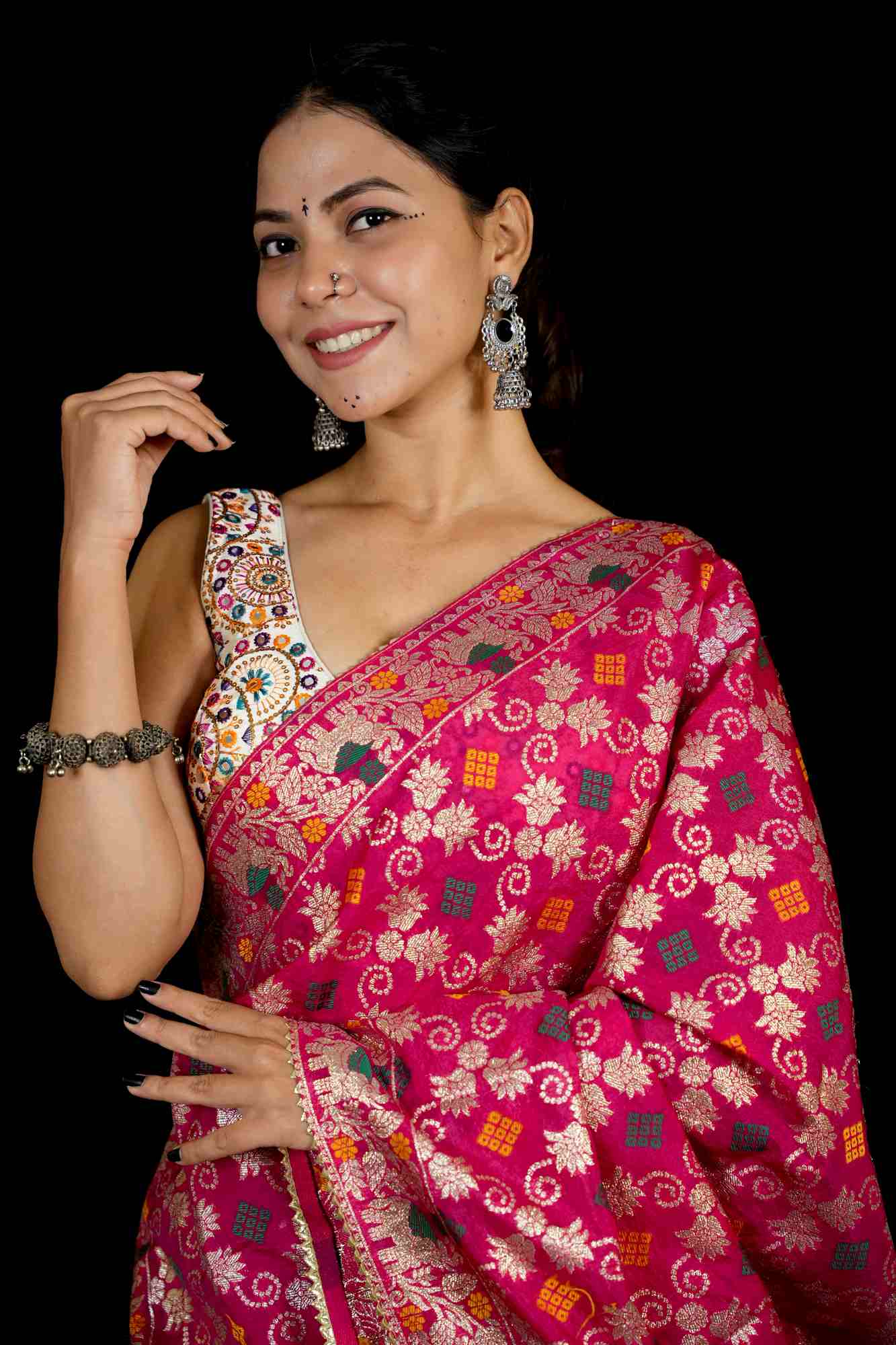 Mirror-Work Lehenga with Rani Pink Banarasi Dupatta