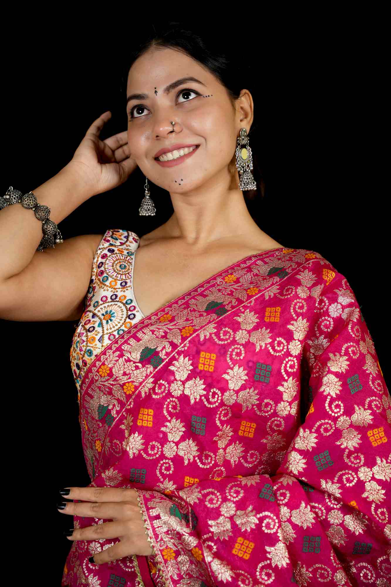 Mirror-Work Lehenga with Rani Pink Banarasi Dupatta