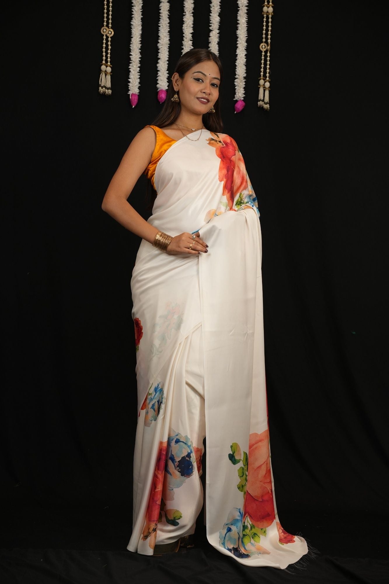 Colurfull Floral Printed Soft Satin With Moti Lace Ready To Wear Saree