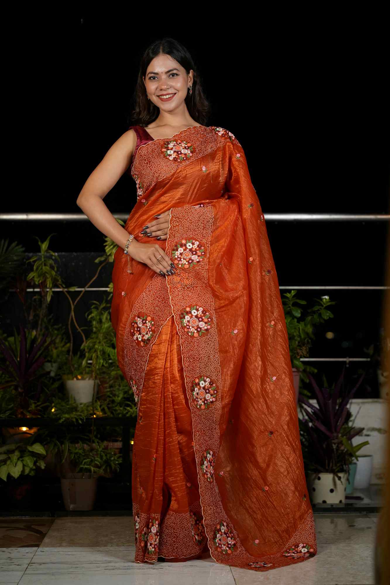 Soft Paper Crush Silk with Embroidered C-Pallu Ready To Wear Saree